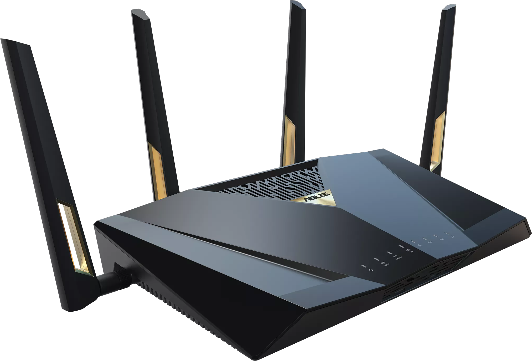 Fekete és arany router négy antennával. Egy sor lámpa és gomb látható.