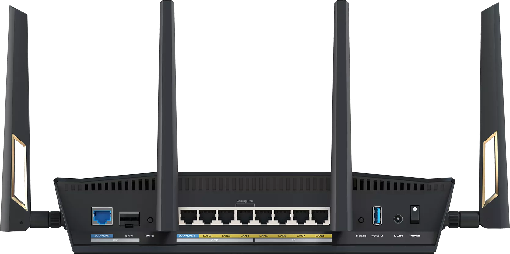 Fekete router több antennával, porttal és felirattal sötét háttéren.