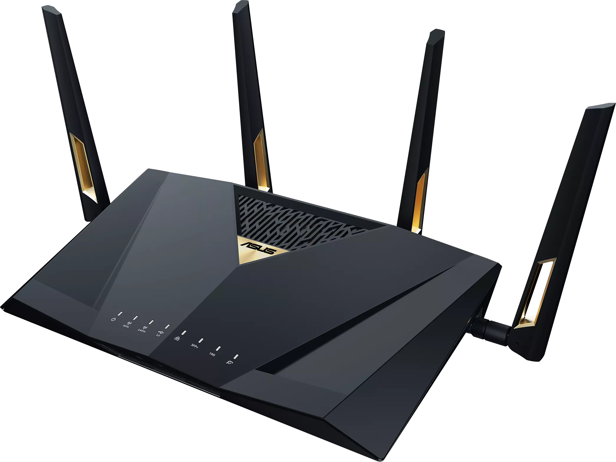 Fekete router négy antennával, ferde nézetben.