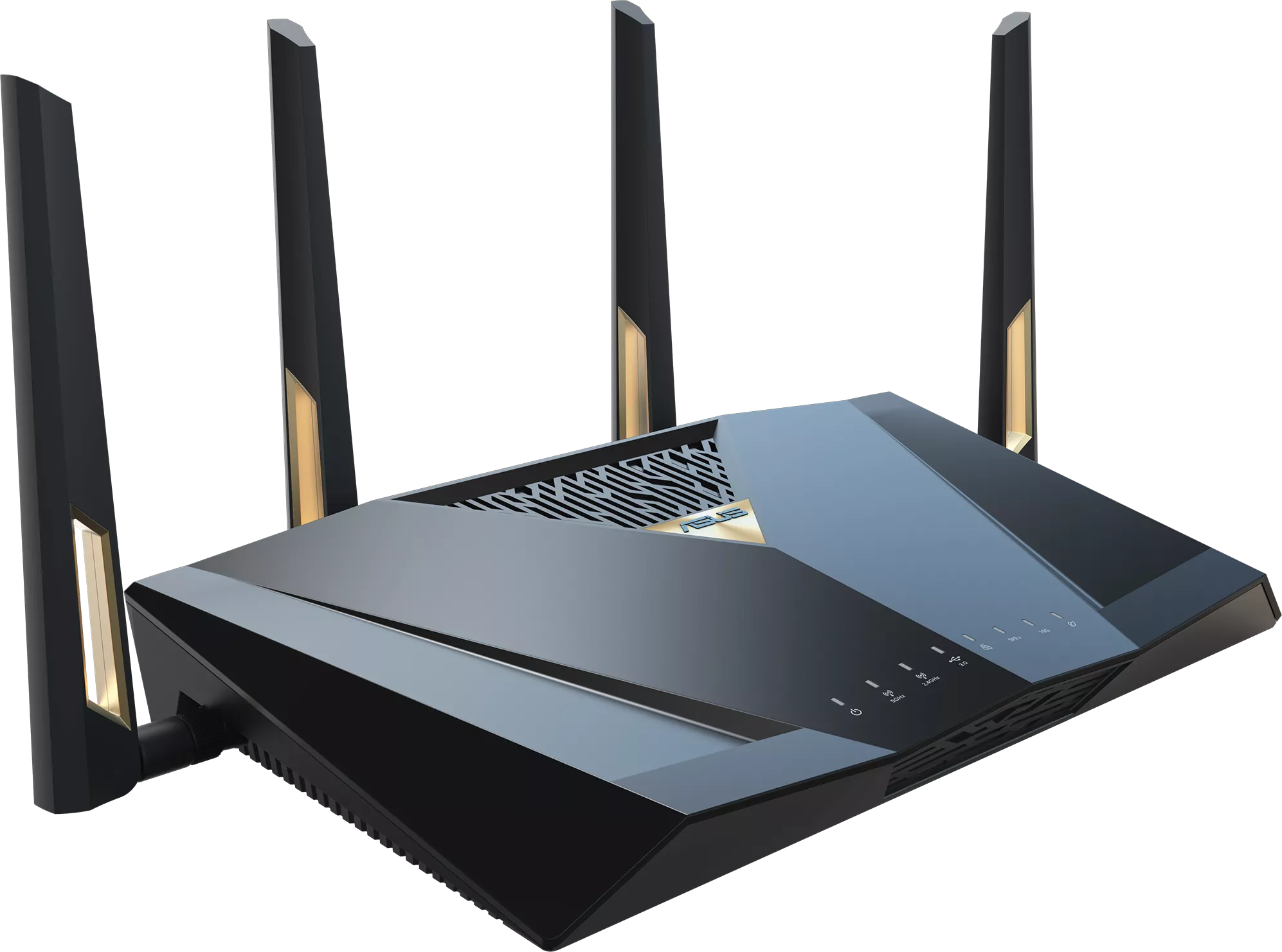Fekete router négy antennával. A router szögben van, a tetejét és egy oldalát mutatja.