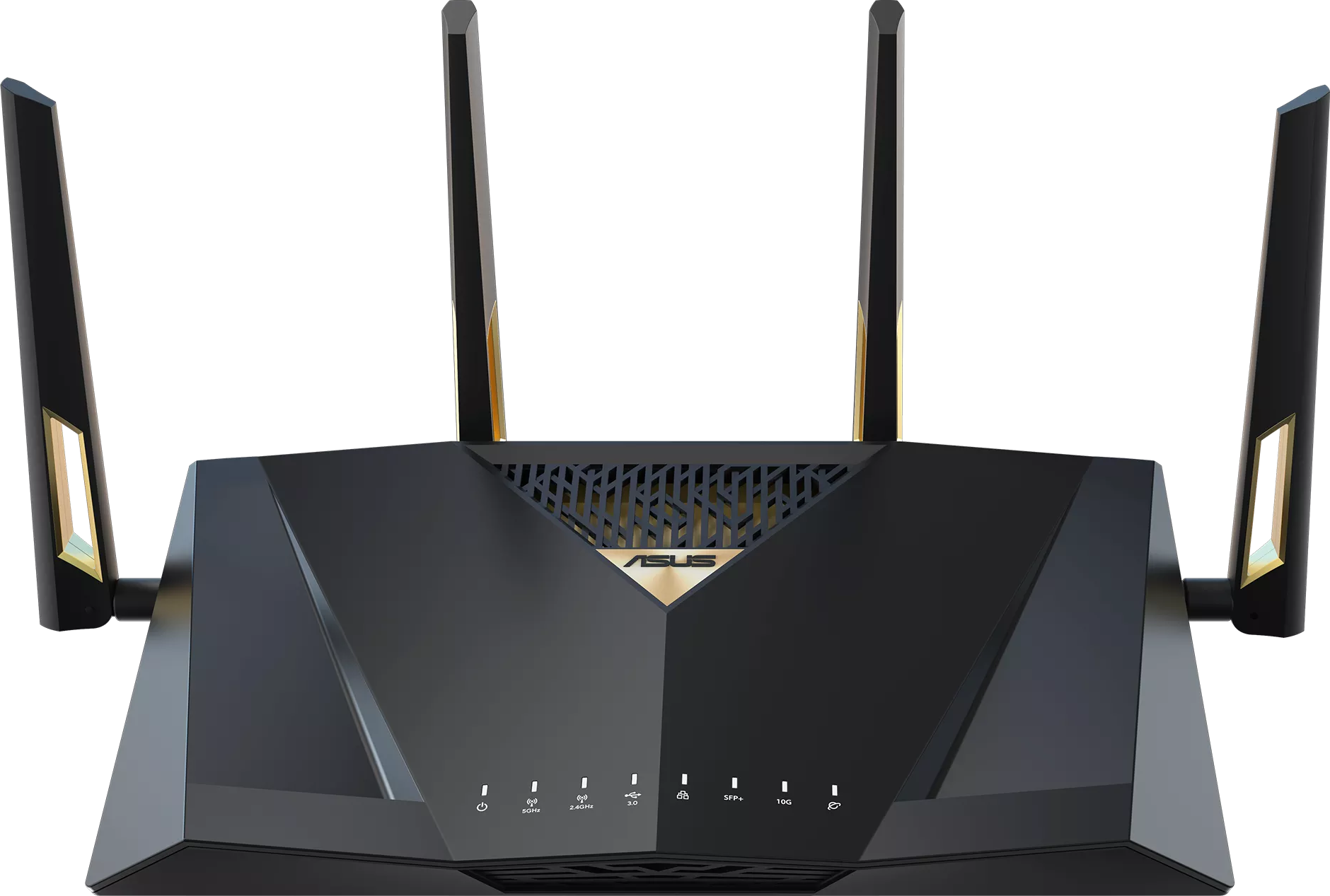 Fekete router antennákkal. ASUS logó. A lámpák égnek. Fekete háttér.