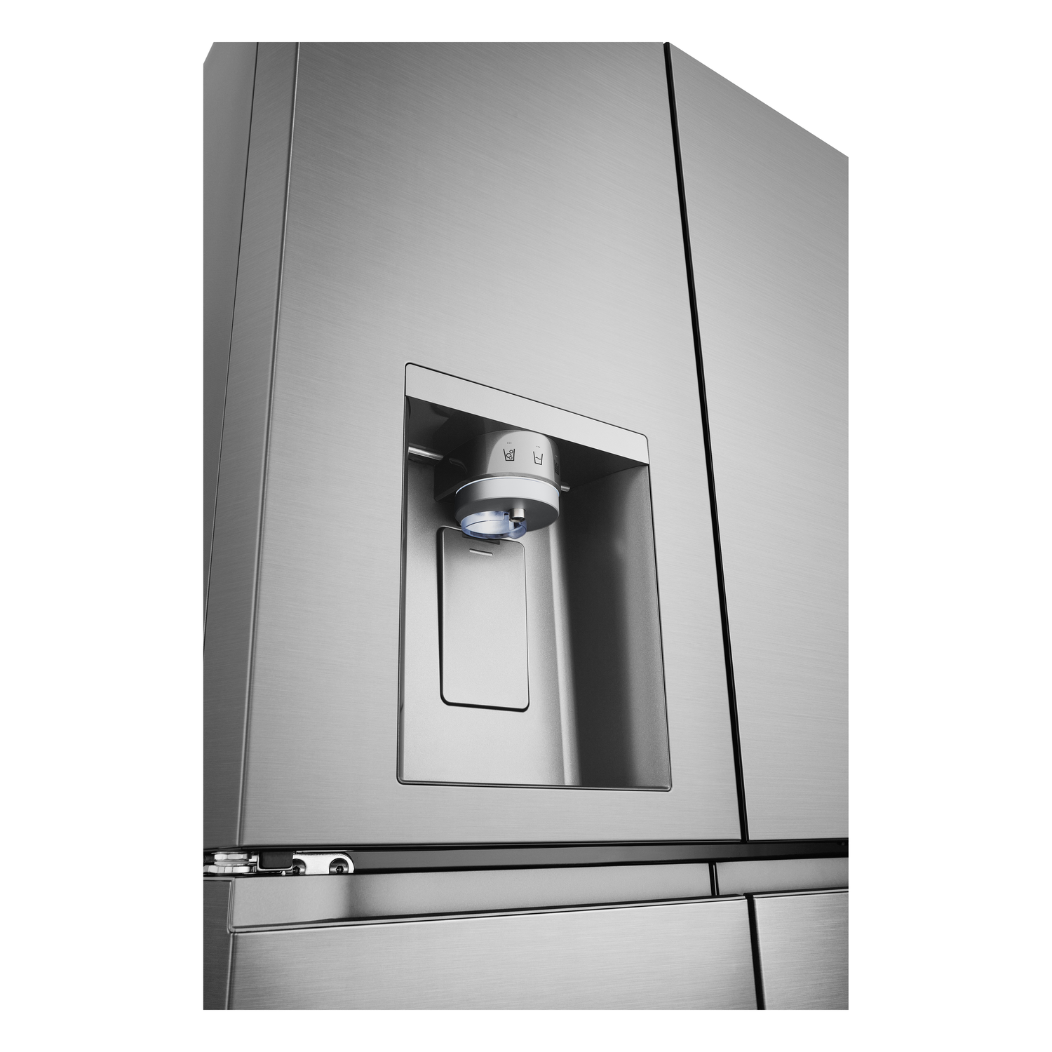 Roestvrijstalen koelkast met waterdispenser. Witte achtergrond.