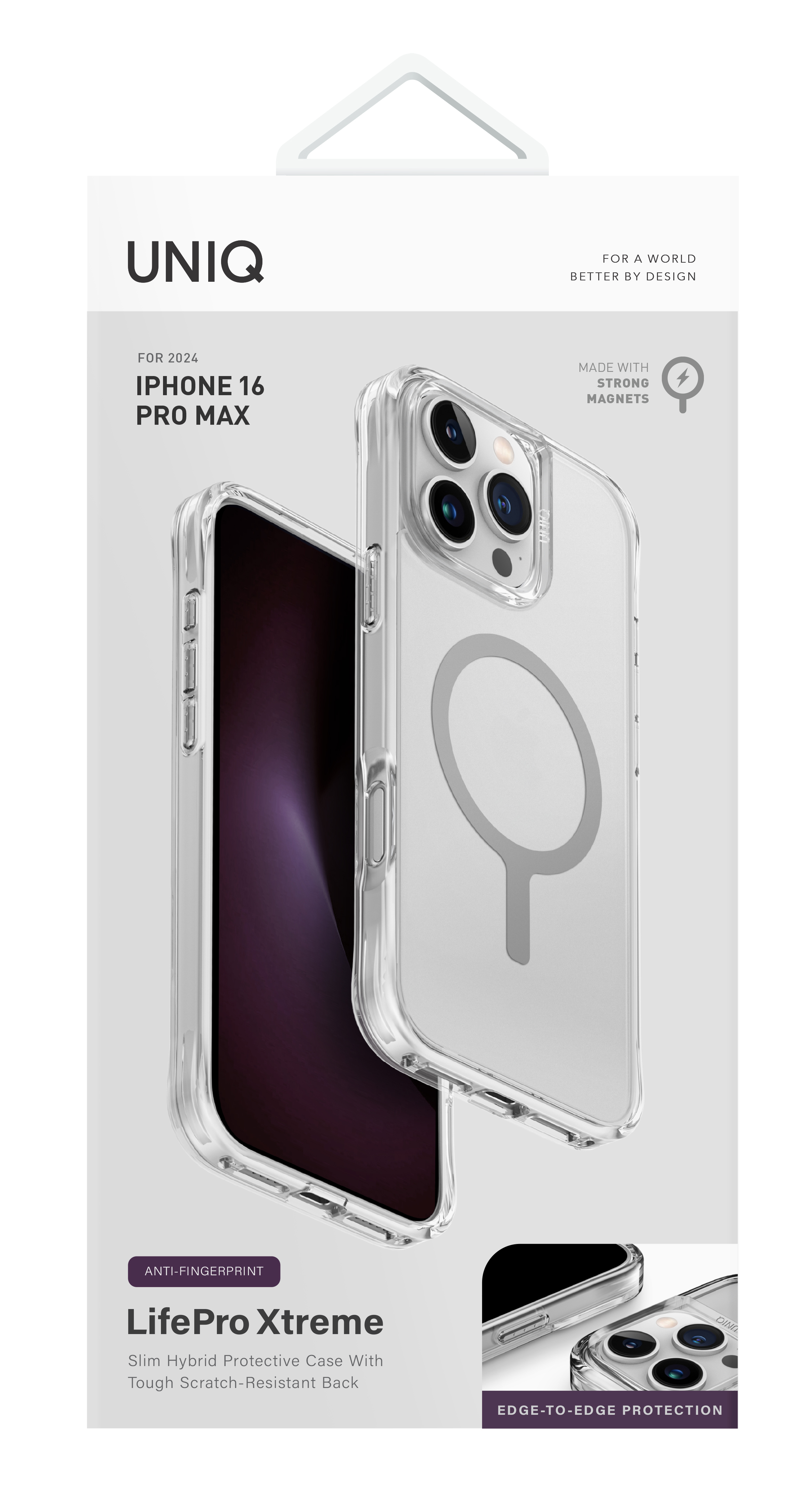 Przezroczyste etui na iPhone z białym pierścieniem magnetycznym i opakowaniem produktu.