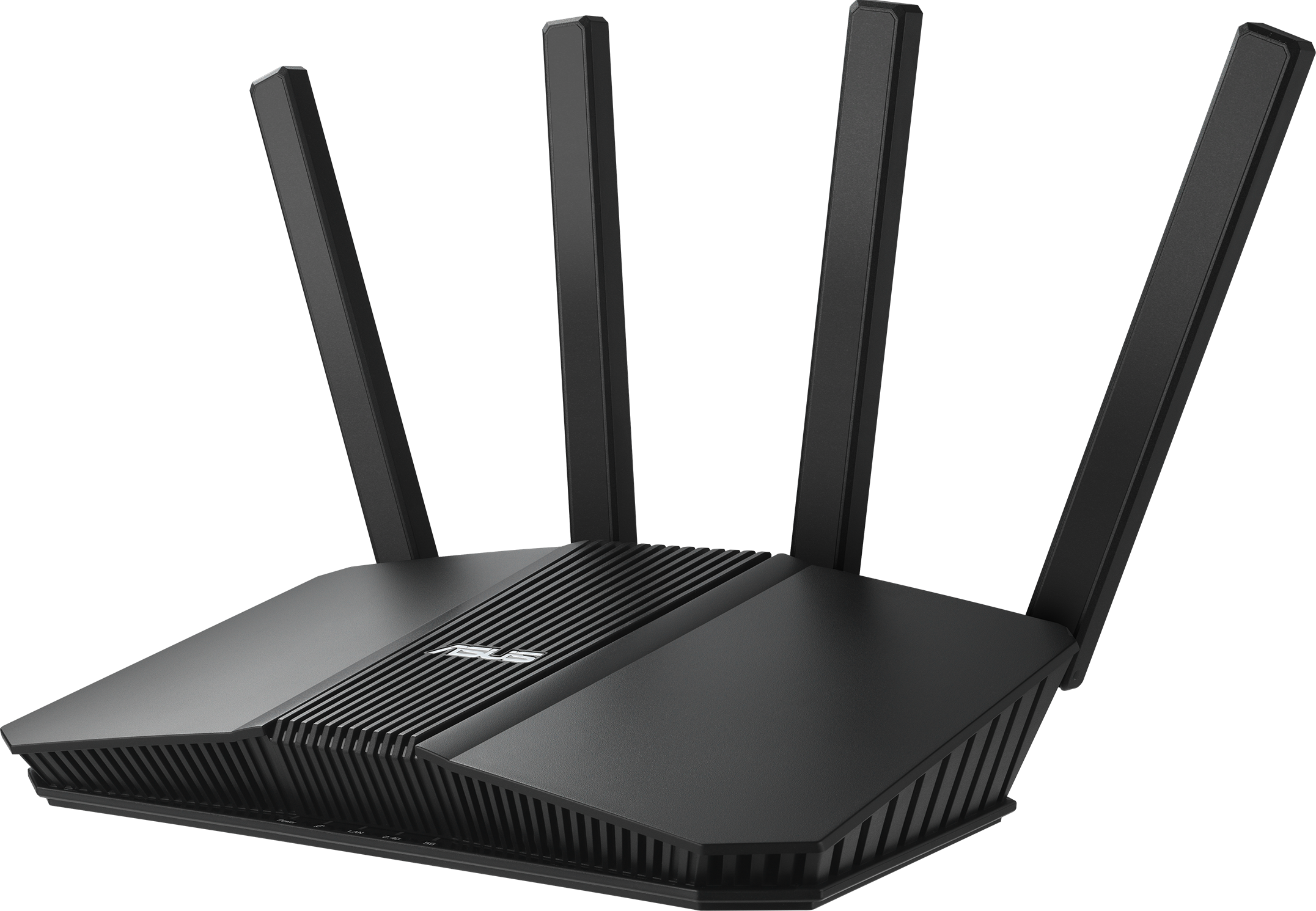 Fekete ASUS router antennákkal, fehér háttér előtt.