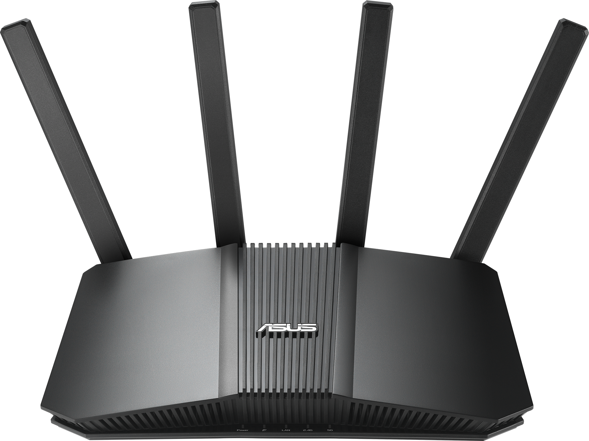 Fekete ASUS router négy antennával, szögből. A háttér fekete.