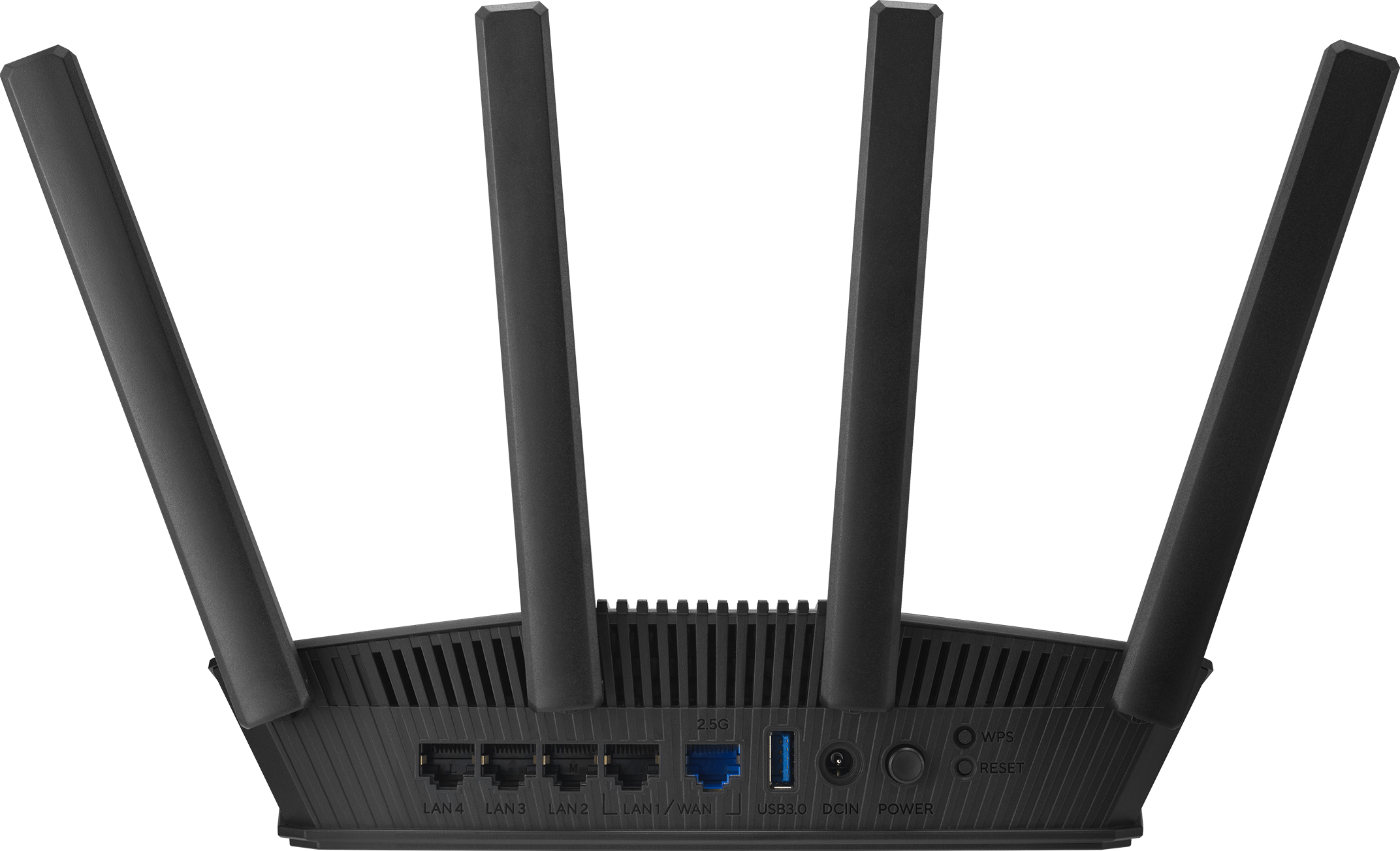 Fekete router négy antennával, a portok a hátoldalon láthatók.