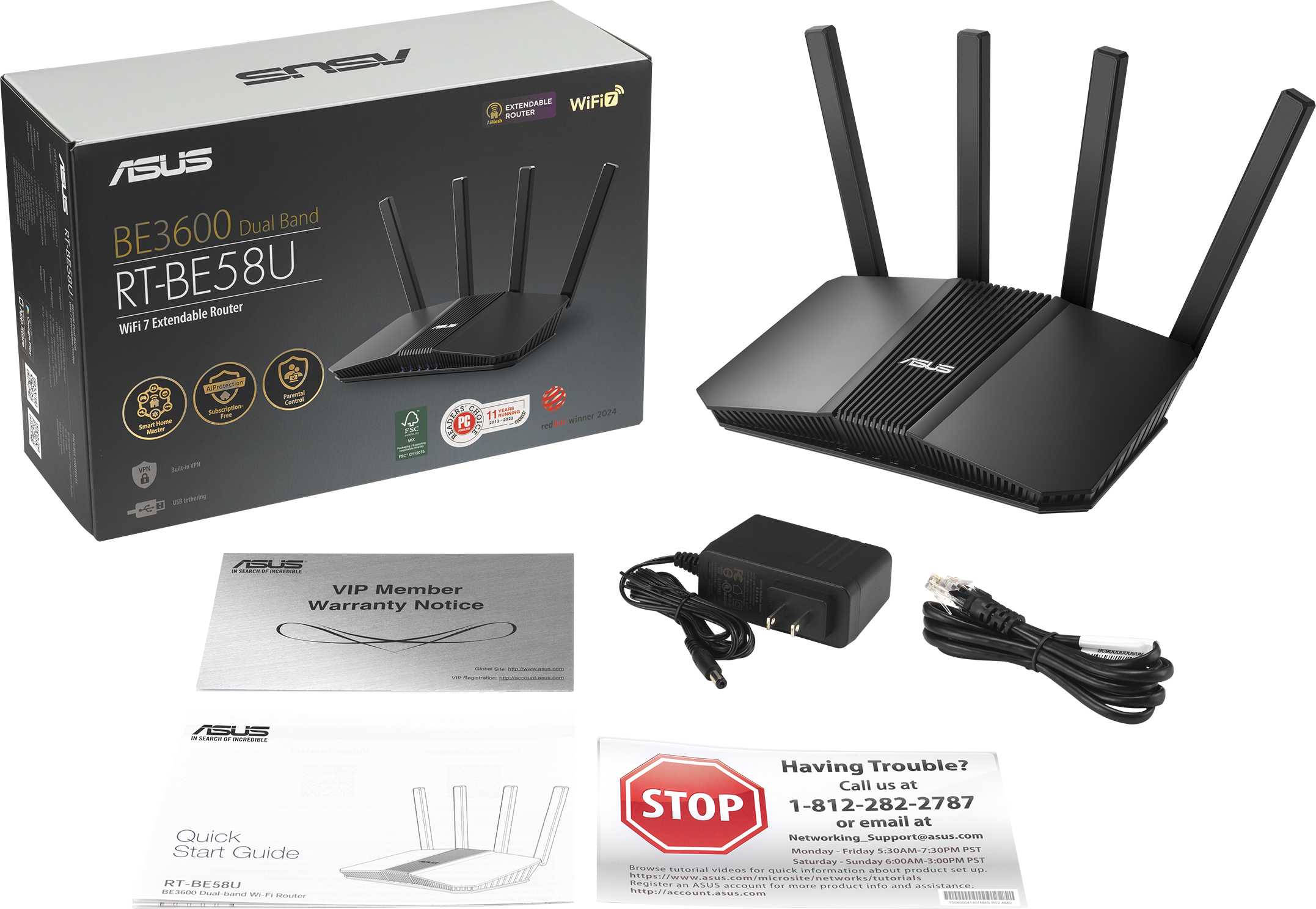 Egy router és a doboza, kiegészítőkkel, mint például hálózati adapter és kábelek.
