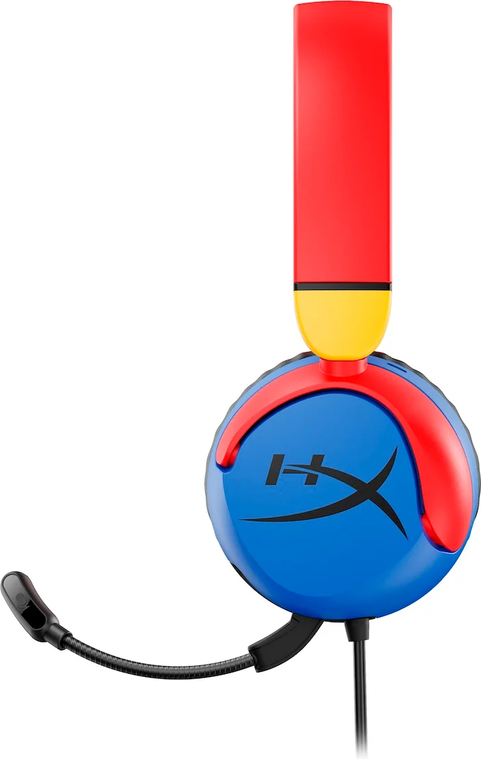 Cuffie da gioco HyperX. Padiglioni blu con dettagli rossi e gialli e microfono nero. Sfondo bianco.