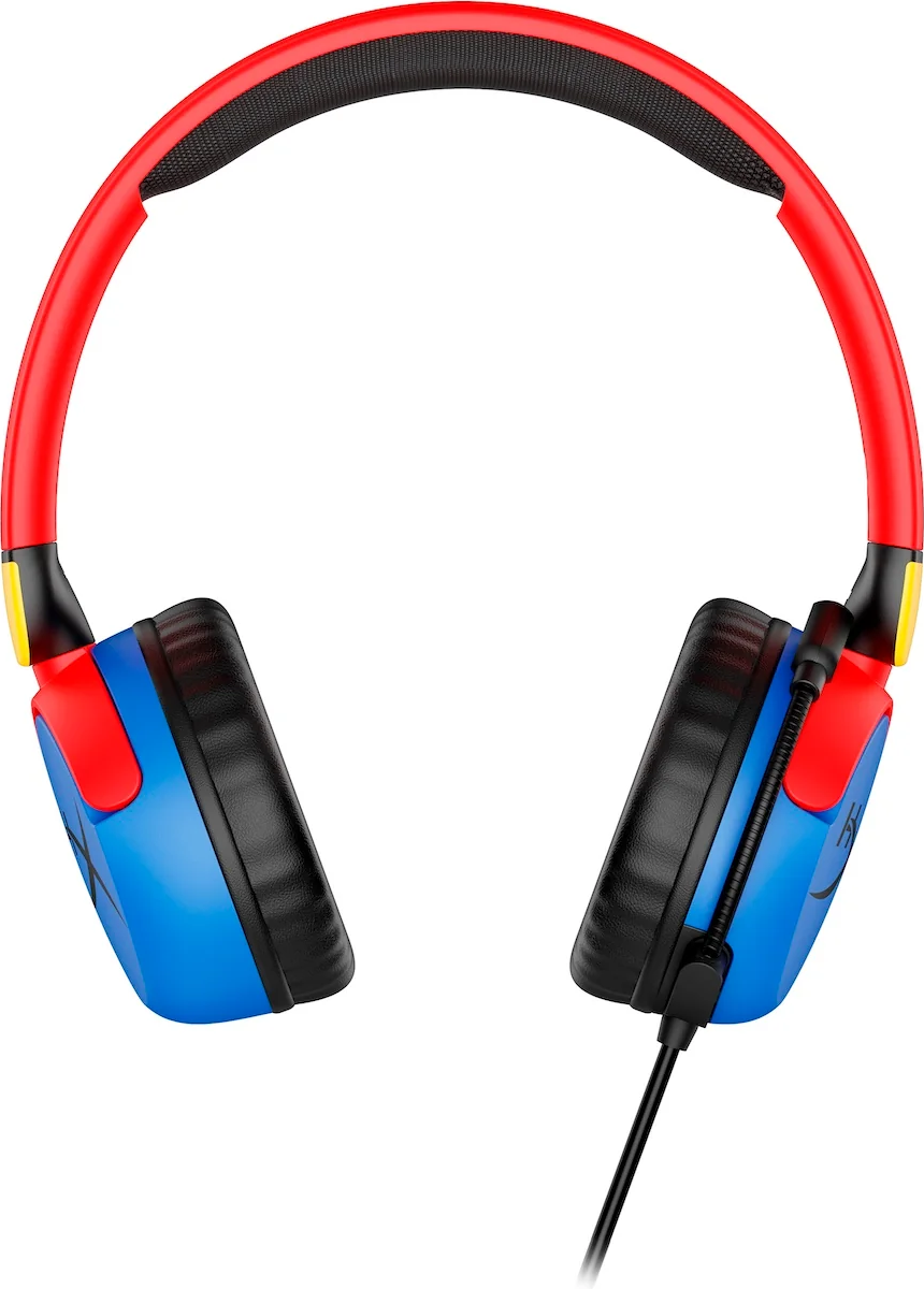 Cuffie rosse e blu. Cuscinetti neri e microfono ad asta. Fascia rossa.