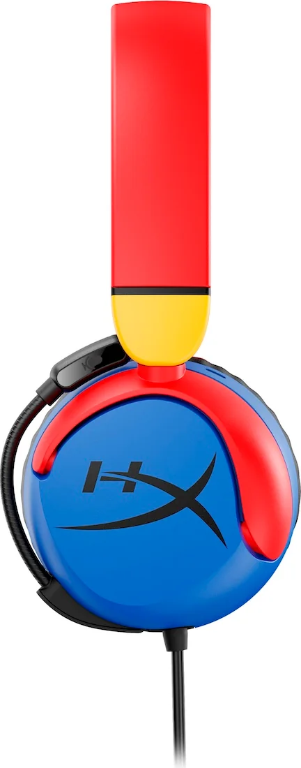 Cuffie da gioco rosse e blu, con microfono e cavo neri, su sfondo bianco.