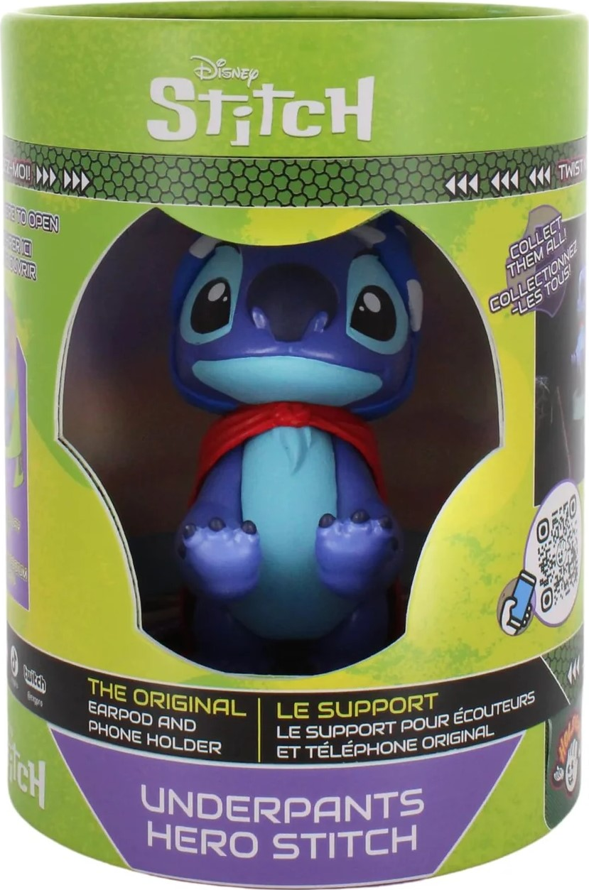 Disney Stitch Kopfhörerhalter. Blaue Stitch-Figur in einer grün-lila Box. 'Underpants Hero Stitch' steht drauf.
