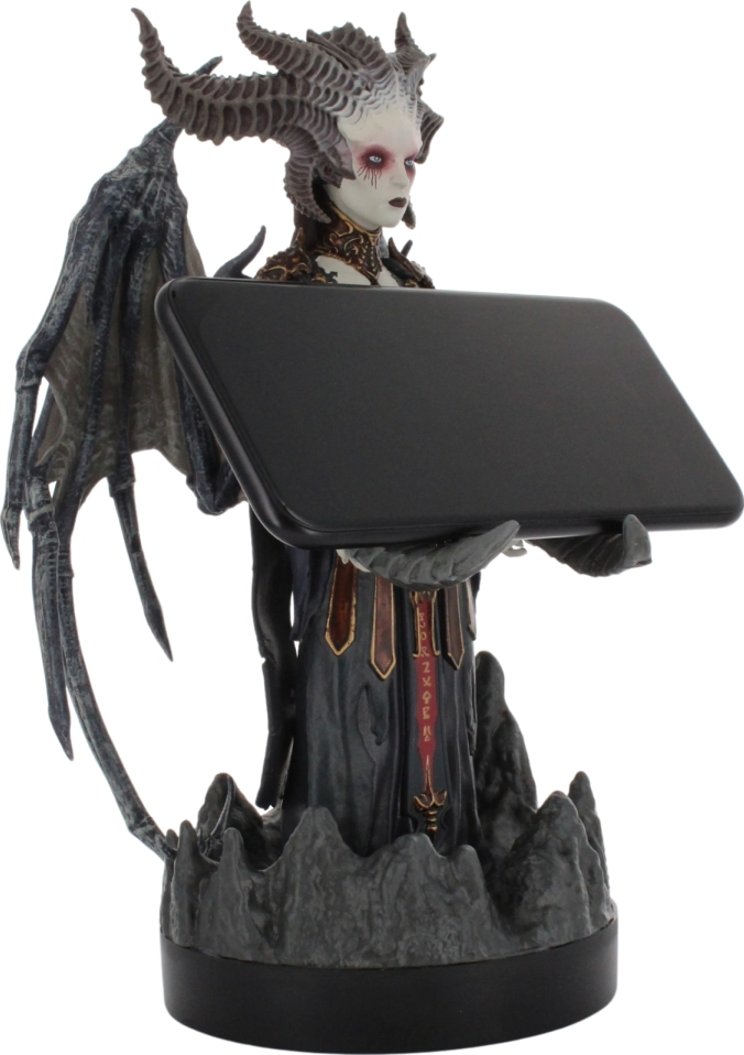 Eine Statue einer dämonischen Figur, die ein Telefon hält. Die Figur ist grau, schwarz und rot gefärbt.