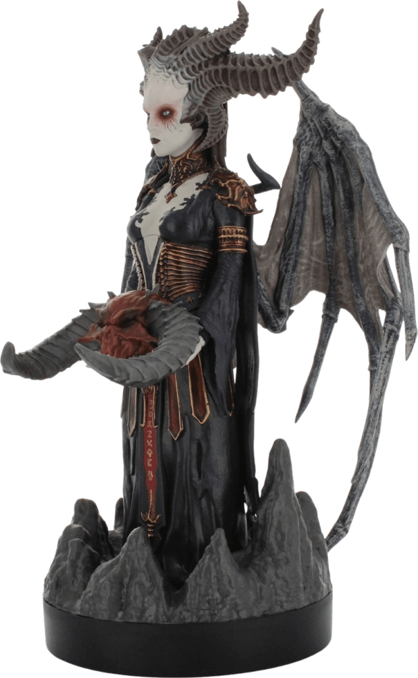 Statue einer dämonischen Frau, die einen gehörnten Schädel hält, mit Flügeln und Hörnern.