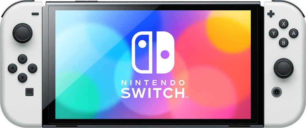 Eine weiße Nintendo Switch Konsole mit angebrachten weißen Joy-Con Controllern.
