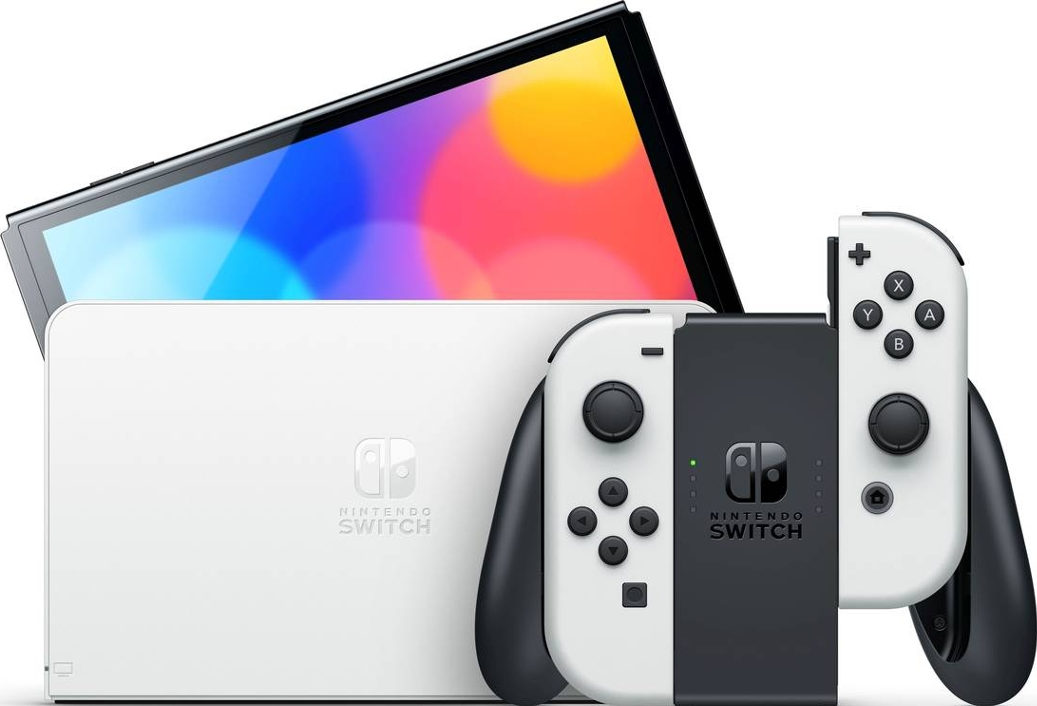 Nintendo Switch Konsole mit weißen Joy-Cons und schwarzem Bildschirm.