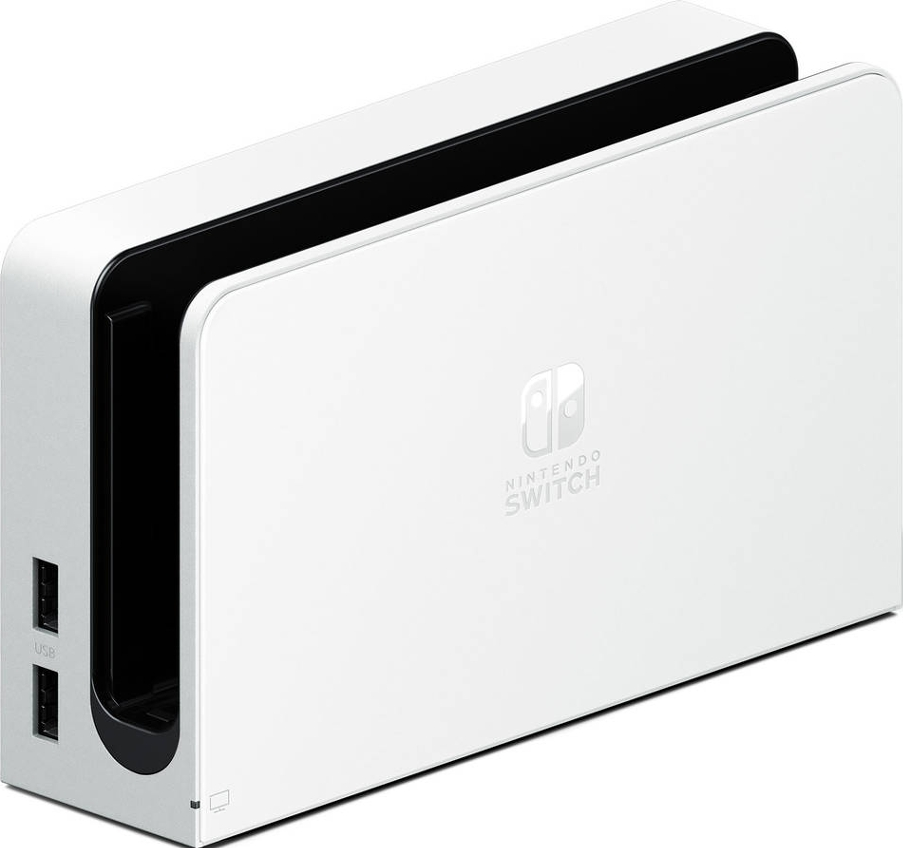 Weißes Nintendo Switch Dock mit USB-Anschlüssen an der Seite und Nintendo Switch-Logo vorne.