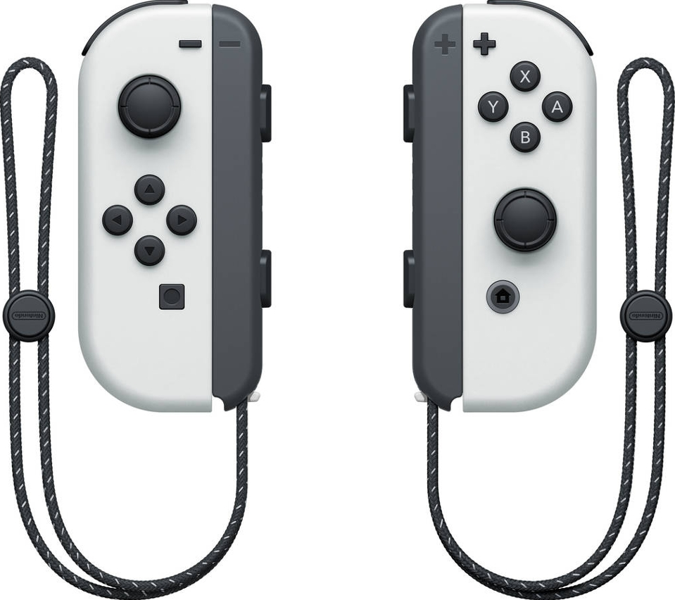 Zwei weiße und graue Nintendo Switch-Controller mit schwarzen Trägern. Knöpfe sichtbar.
