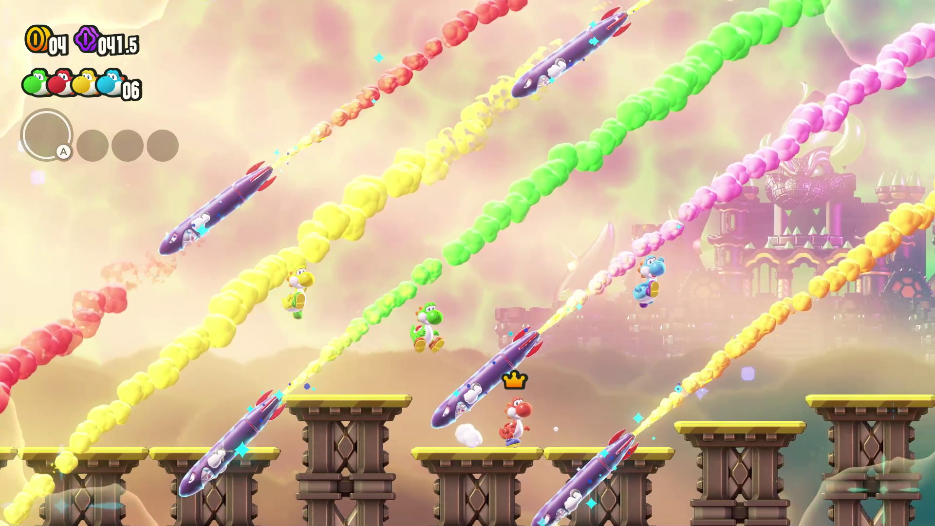 Yoshi-Spielszene. Yoshis reiten auf bunten Raketen durch den Himmel.