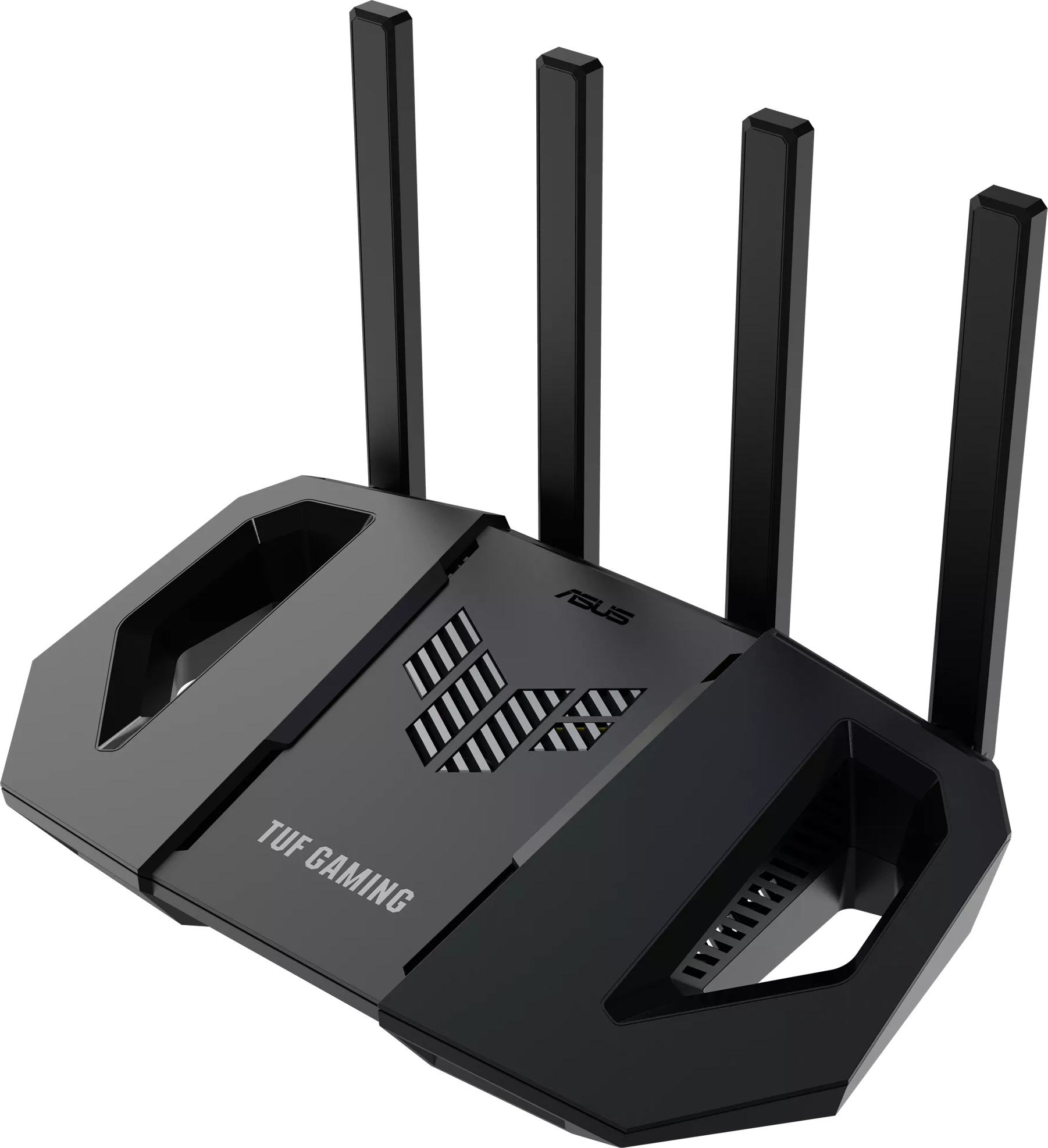 Fekete ASUS TUF gaming router 4 antennával fekete háttéren, ferde nézetből.