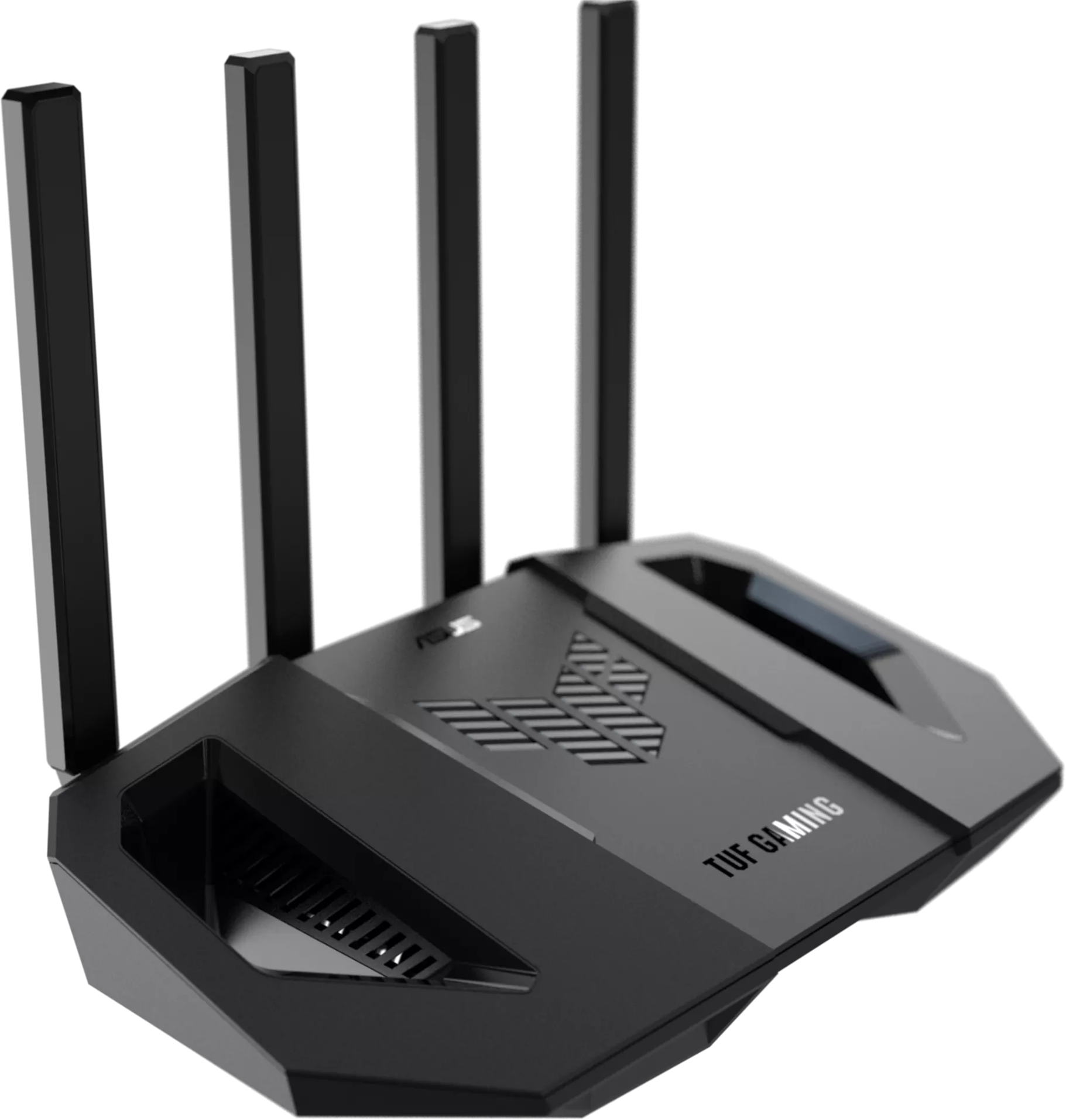 Fekete gaming router antennákkal. A routeren TUF GAMING logó található.