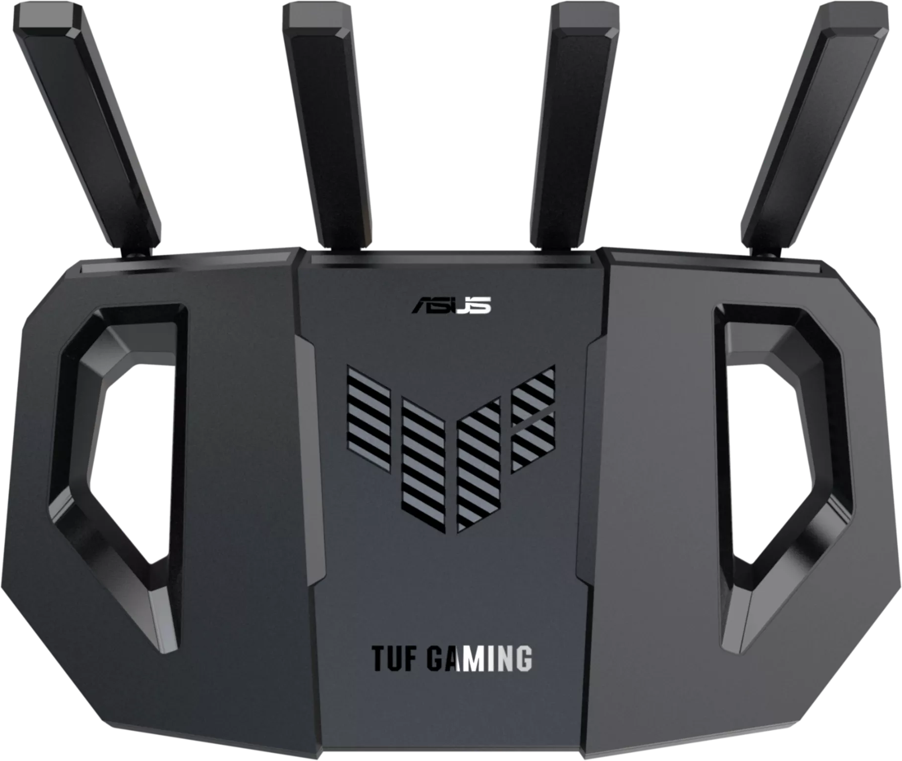 Fekete ASUS TUF Gaming router, felülnézet. Négy antenna, ASUS logó és TUF GAMING szöveg látható.