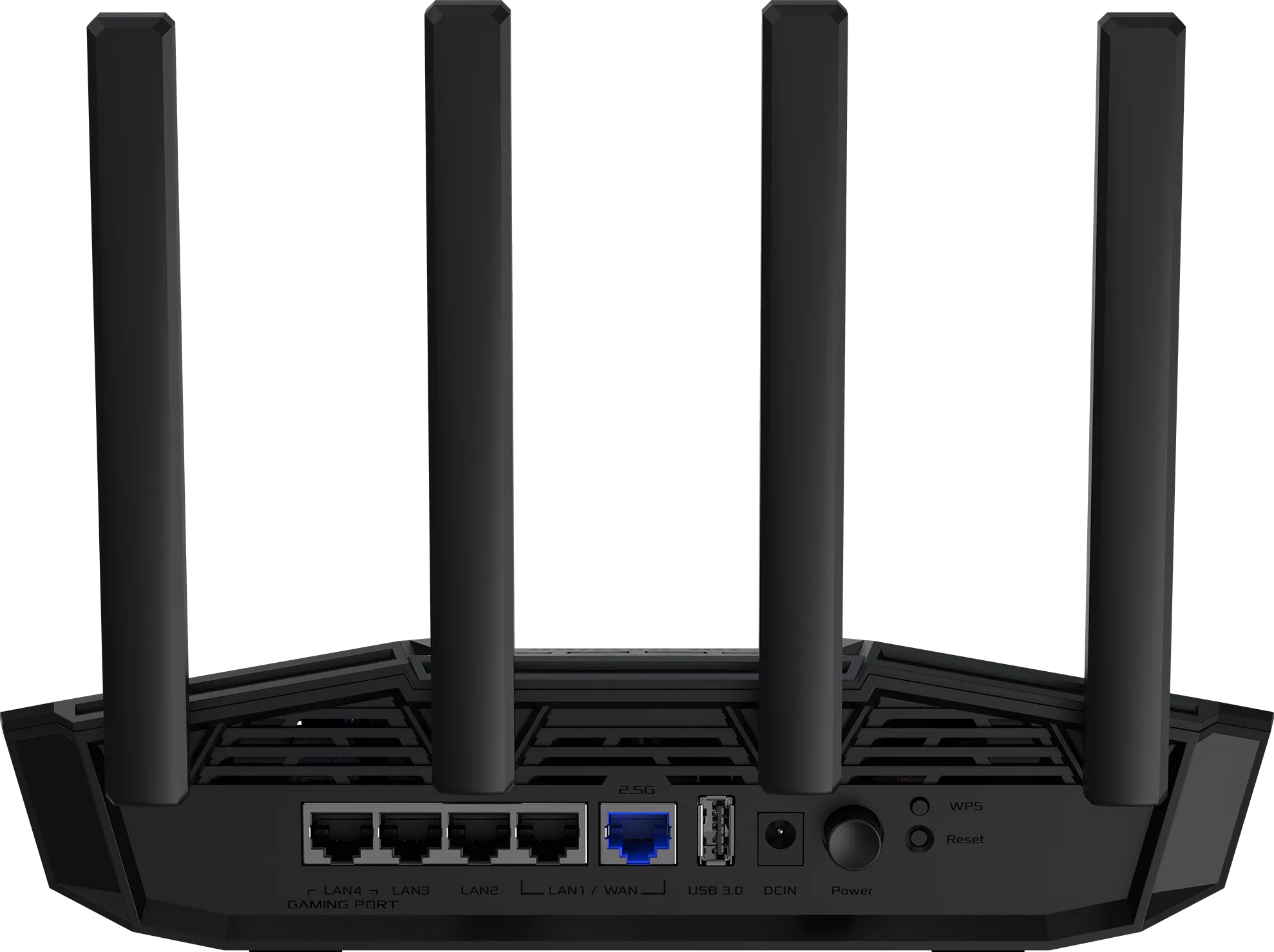 Fekete router négy antennával, LAN, WAN, USB portokkal és bekapcsoló gombbal.