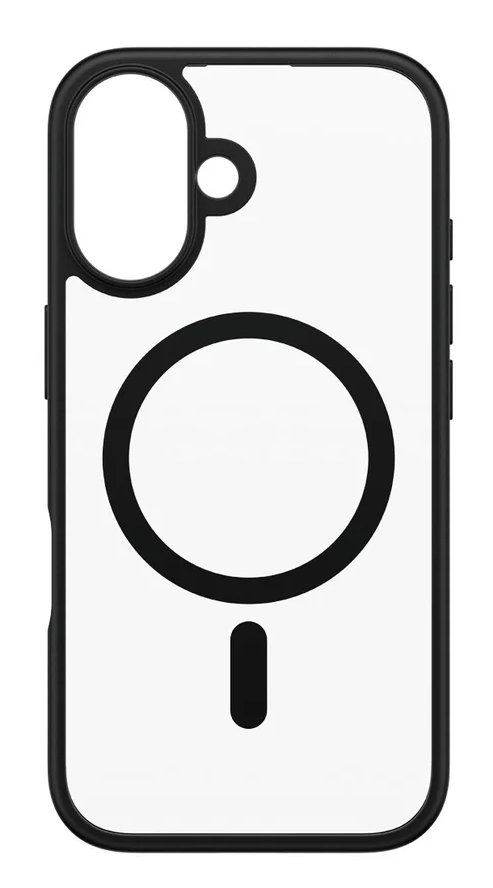 Przezroczyste etui na telefon z czarną ramką i okrągłym wzorem.