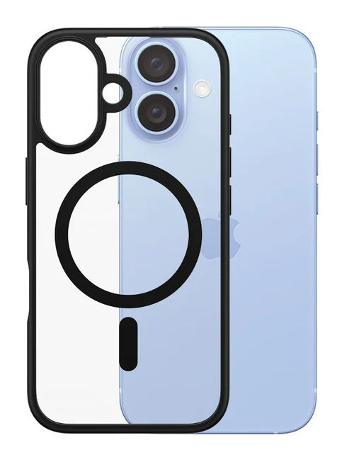 iPhone w przezroczystym etui z czarną ramką i magnetycznym okręgiem.