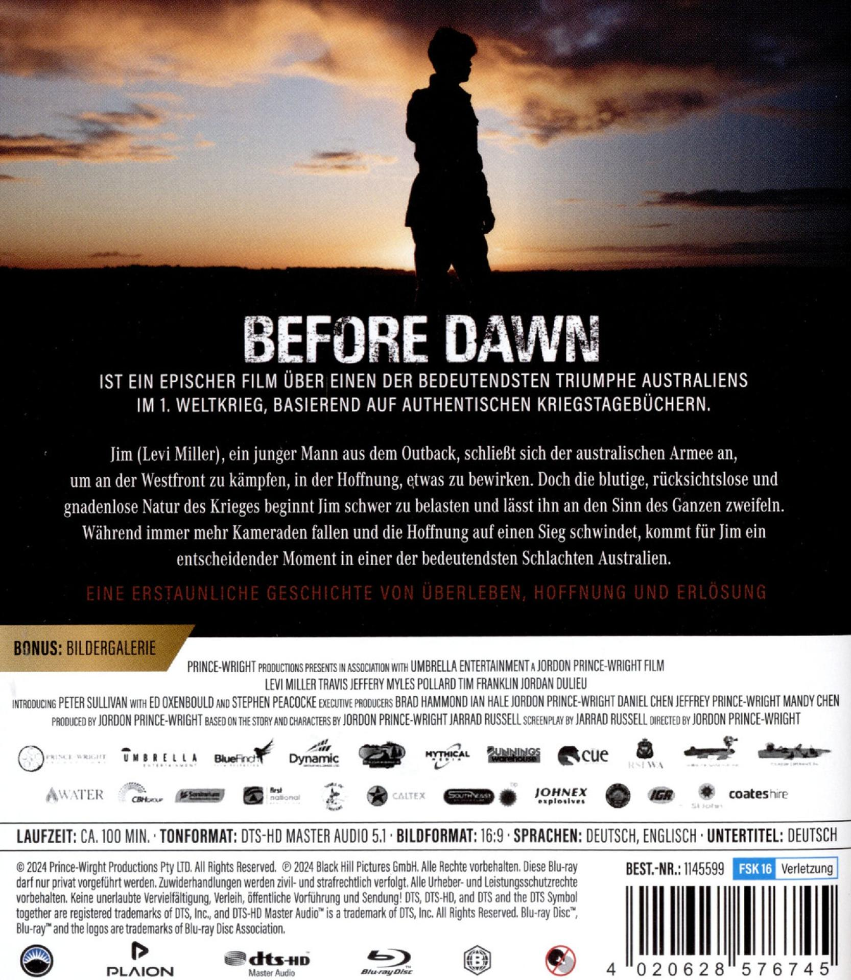 Die Rückseite einer Blu-ray-Disc-Hülle. Sie hat Text auf Deutsch und ein Foto eines Mannes. Filmtitel: Before Dawn.