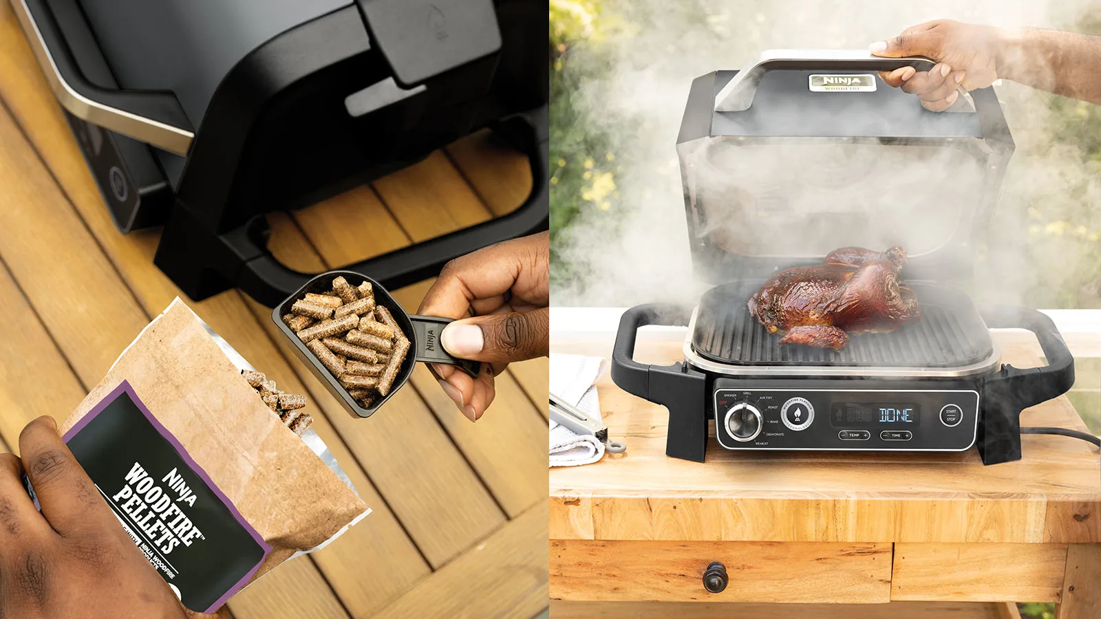 Személy fapelletet tölt grillbe. Másik kép sült csirkét mutat a grillen.