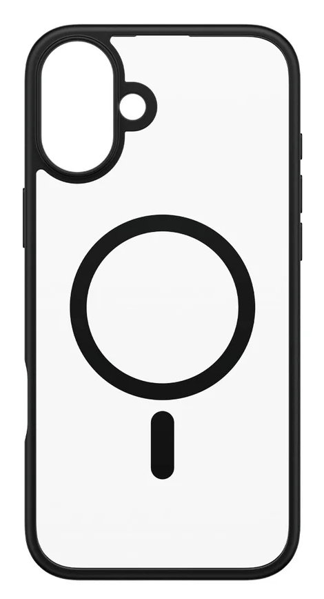 Etui na telefon z czarną ramką i przezroczystym tyłem z czarnym okręgiem i linią.