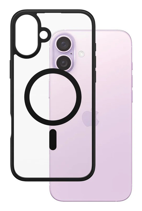 Przezroczyste etui na telefon z czarną obwódką, prezentujące iPhone'a z fioletowym tyłem i aparatem.