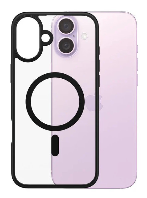 Fioletowy iPhone z przezroczystym etui. Etui ma czarną obwódkę i okrąg dla MagSafe.