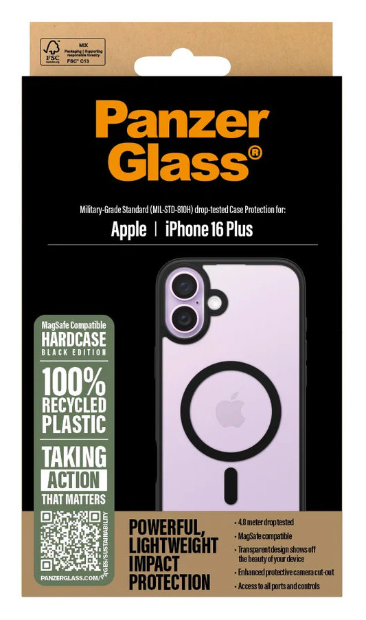 Etui na iPhone 16 Plus w pudełku, ze zdjęciem telefonu i informacjami o funkcjach ochronnych.