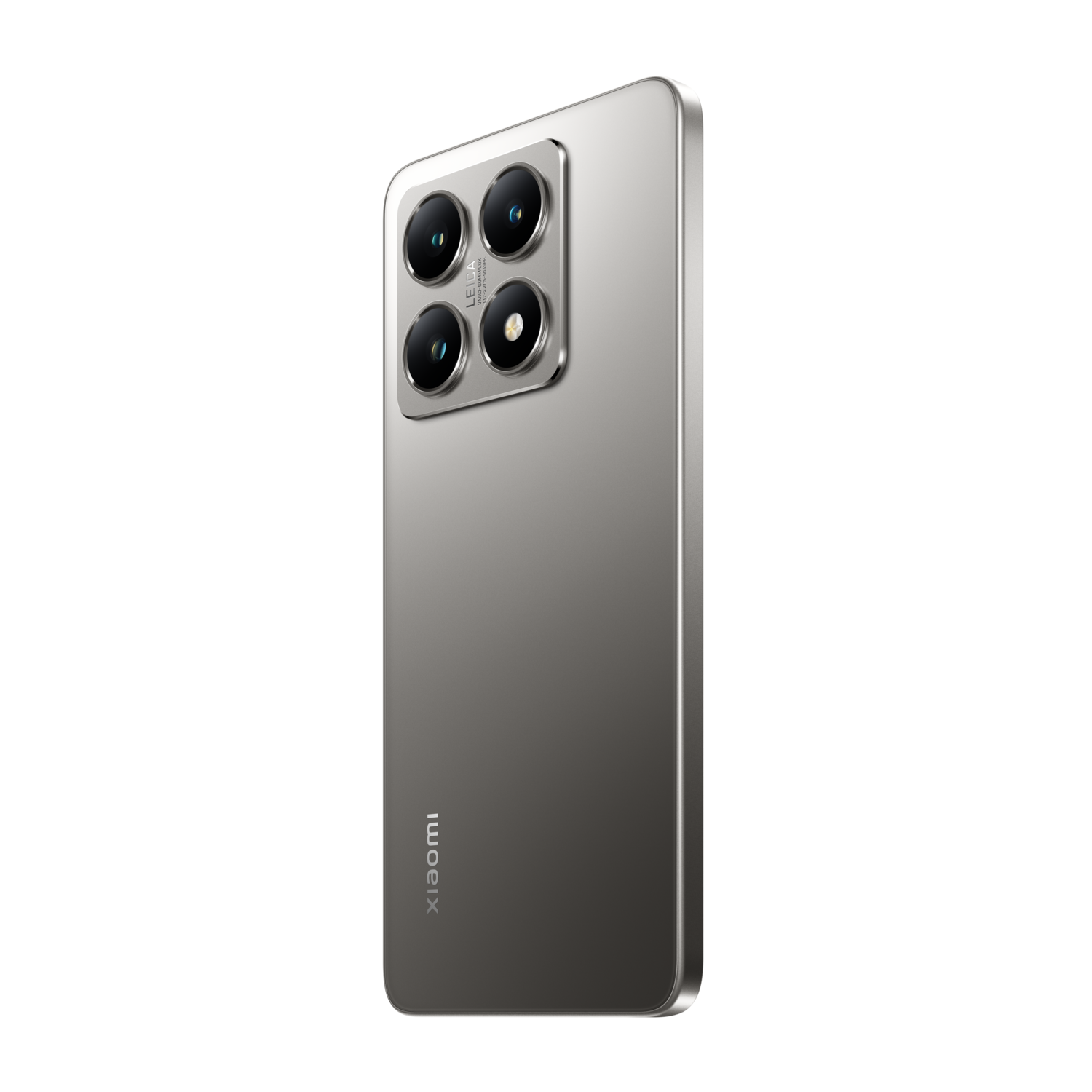 Zilveren smartphone met vier camera's achter. Het Xiaomi-logo is zichtbaar, zwarte achtergrond.
