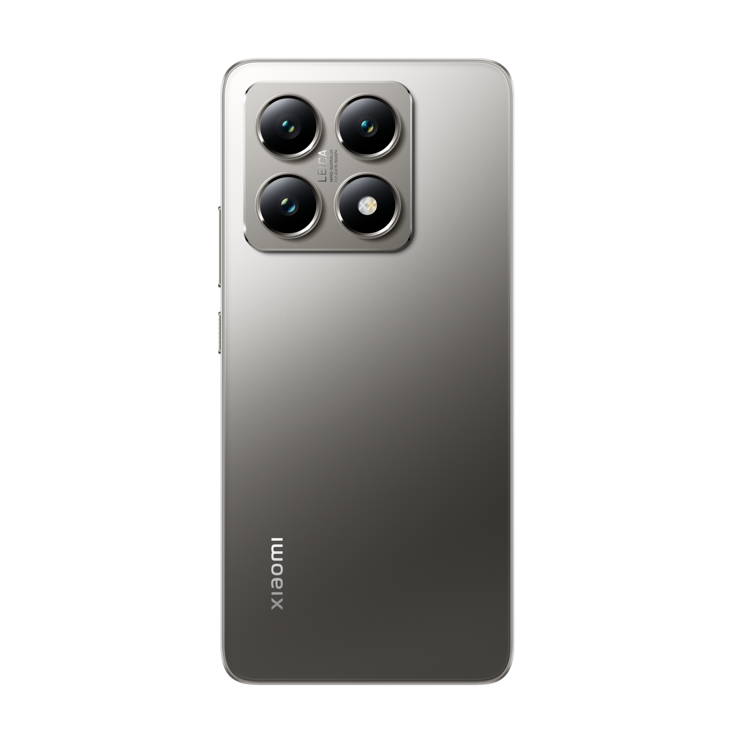 Zilveren telefoon met vier cameralenzen.