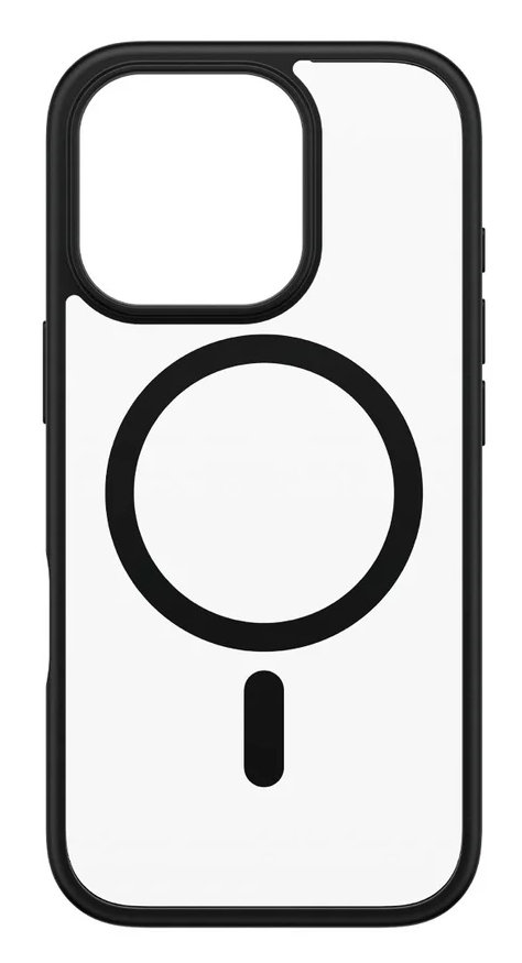 Etui na telefon z czarnymi krawędziami i przezroczystym tyłem z okręgiem MagSafe i linią.