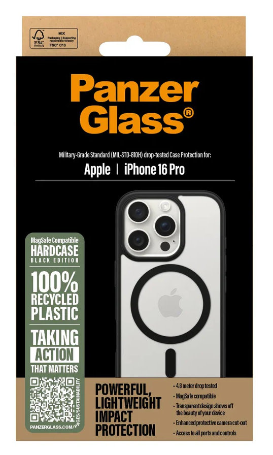 Opakowanie etui PanzerGlass na iPhone 16 Pro: czarne tło, zdjęcie produktu i tekst.