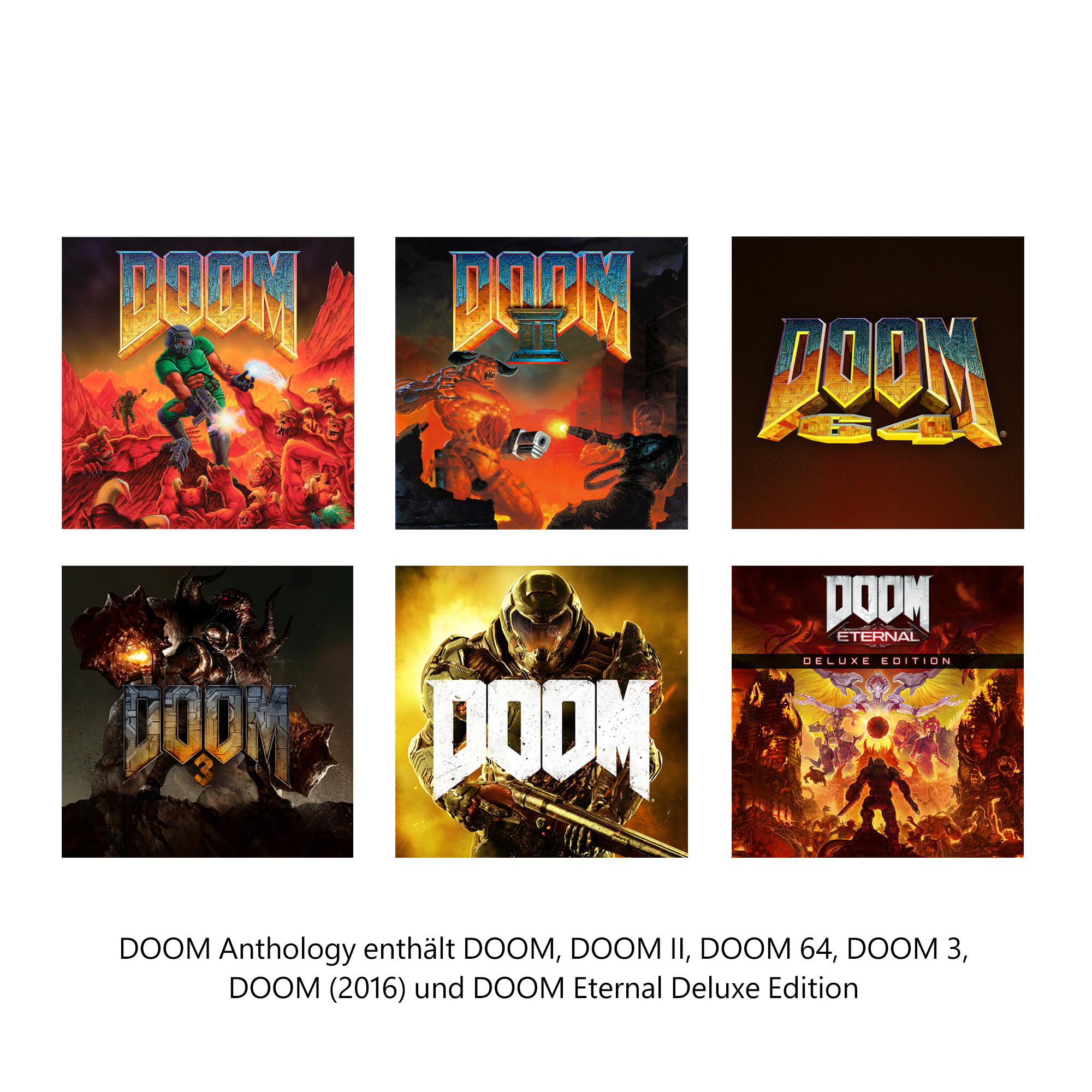 Sechs Doom-Spiel-Cover. Die Spiele sind DOOM, DOOM II, DOOM 64, DOOM 3, DOOM (2016) und Eternal.