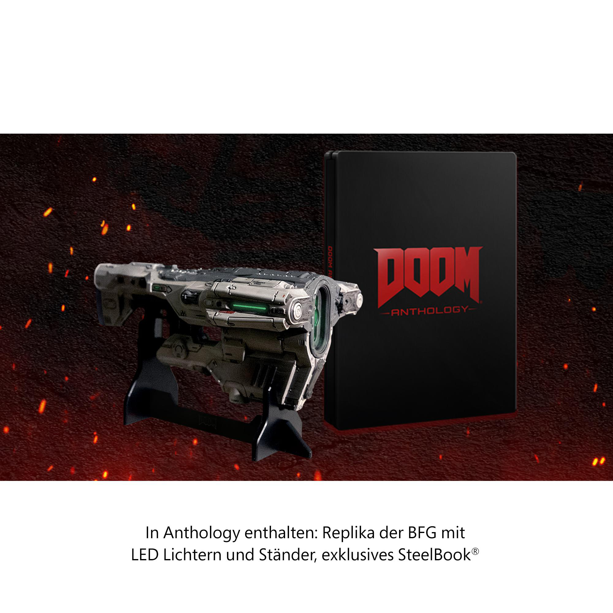 Doom Anthology mit BFG-Replik, Ständer und LED-Leuchten.