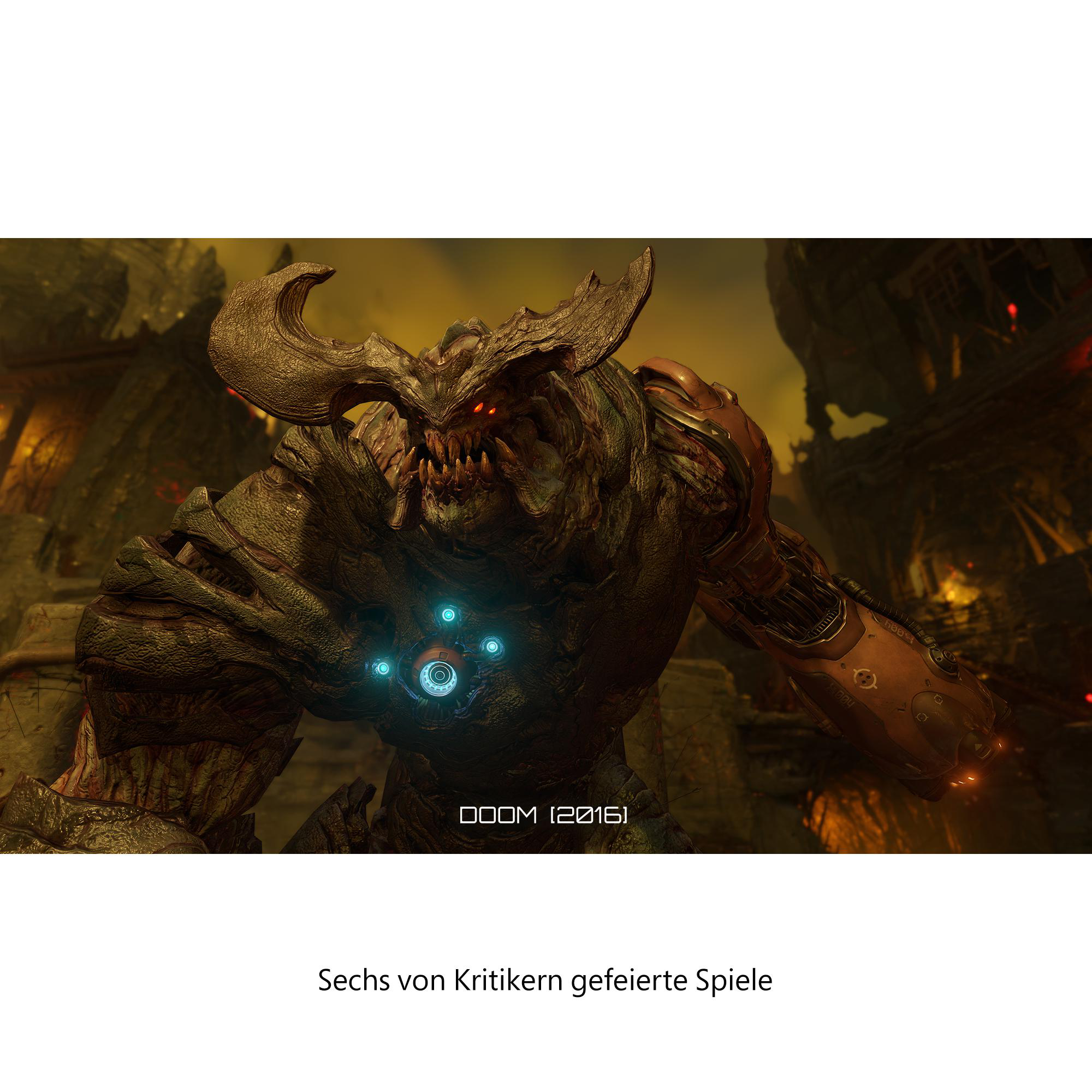 Ein Monster aus Doom (2016) mit detailliertem, strukturiertem Aussehen und dem Titel des Spiels.