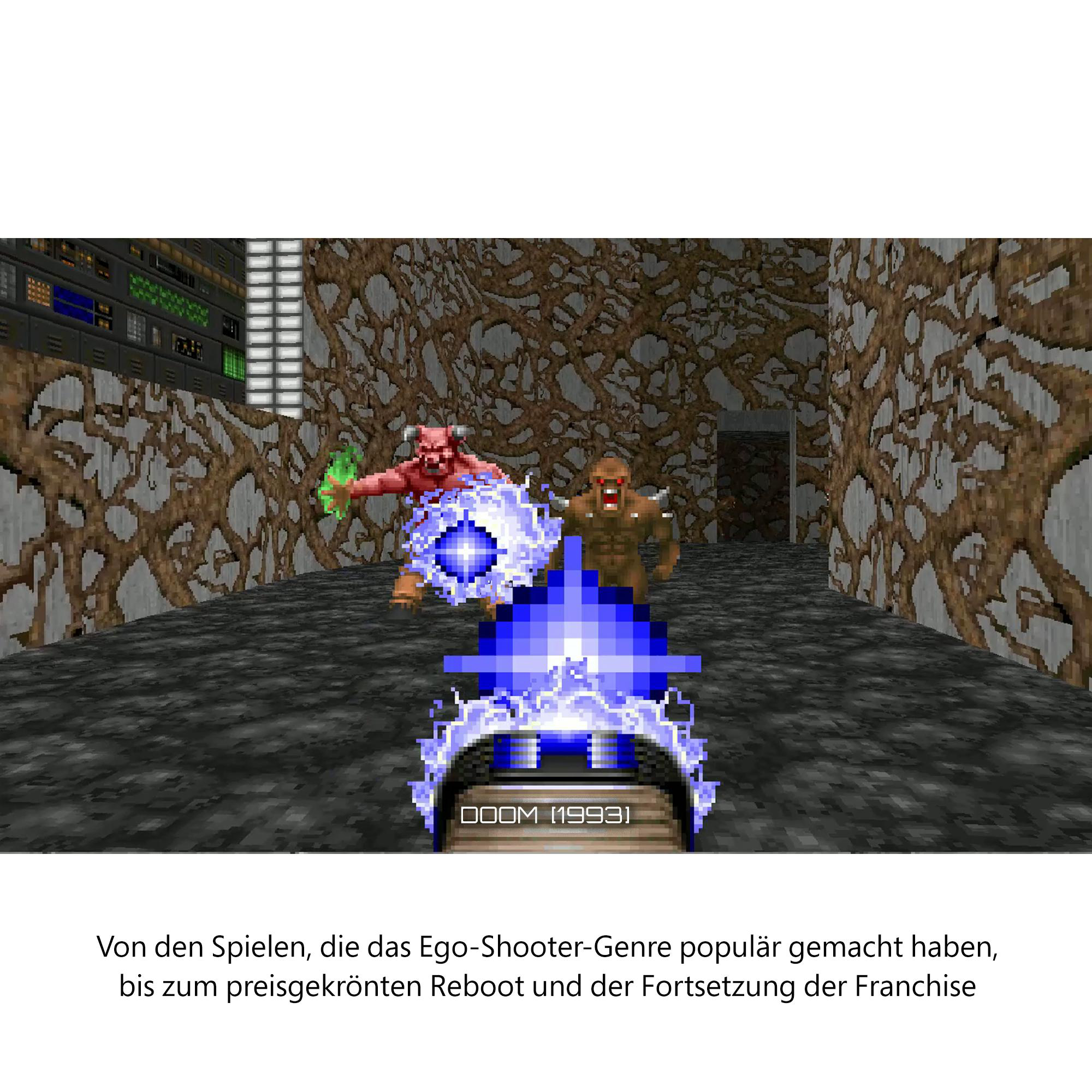 Eine Retro-Videospielszene mit zwei Monstern und einem Spieler, der schießt. Es ist eine Ego-Perspektive.