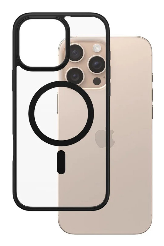 Etui na telefon z czarną ramką i czarnym okręgiem MagSafe, telefon z tyłu.