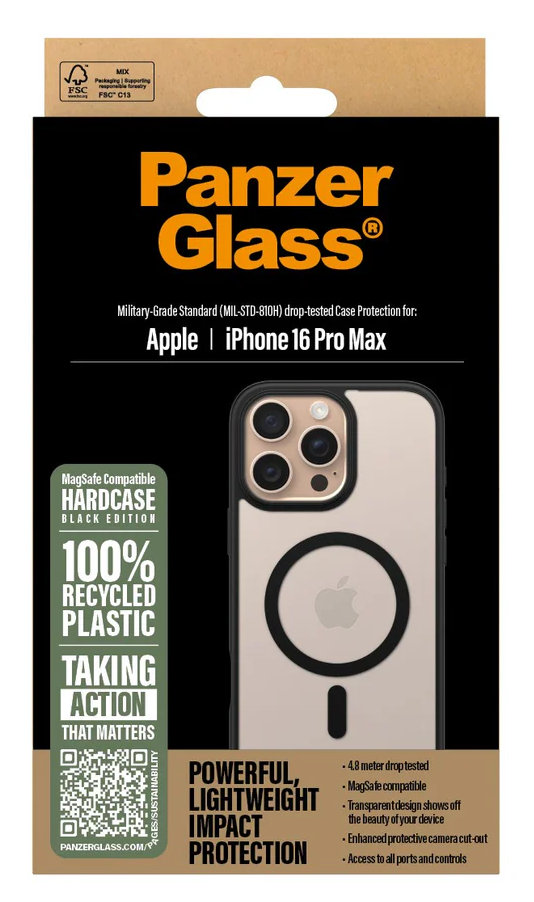 Pudełko na etui na telefon z tekstem o iPhone 16 Pro Max, z przezroczystym etui i czarnym pierścieniem MagSafe.