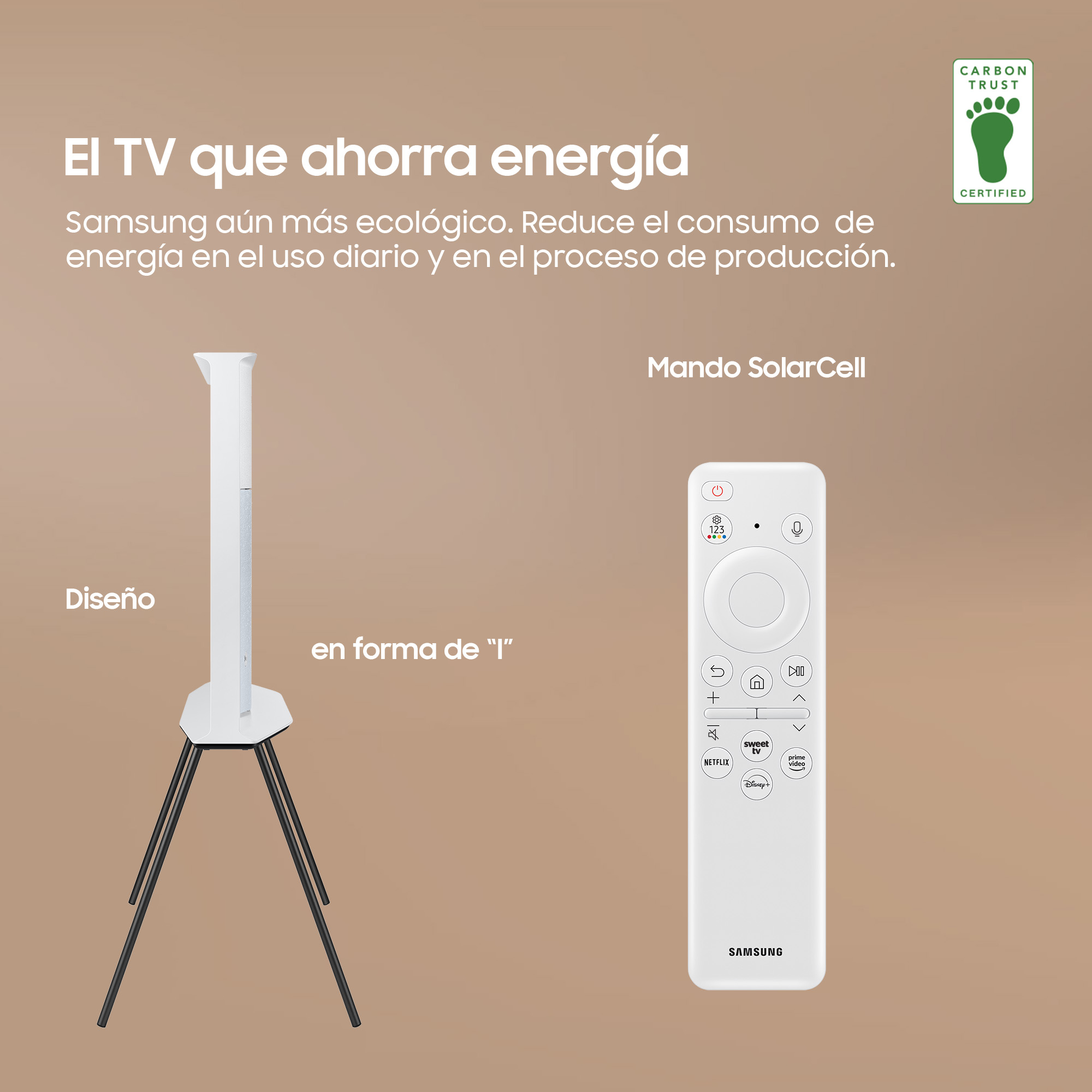 Soporte de TV blanco y mando a distancia. Texto: TV de ahorro energético. Ecológico. Certificado Carbon Trust.