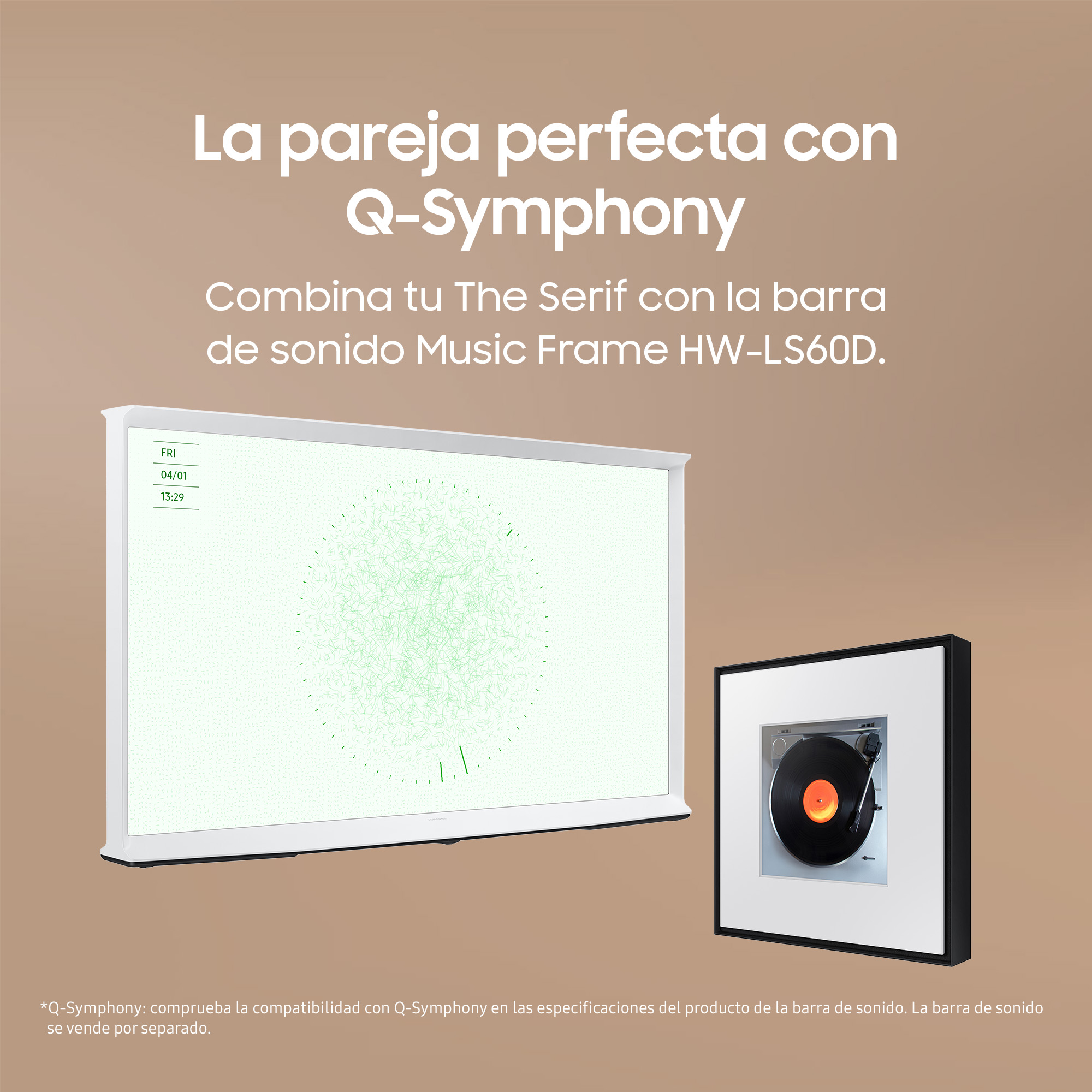 Un televisor blanco y una barra de sonido negra en un soporte. El texto dice "La pareja perfecta" y "Q-Symphony".