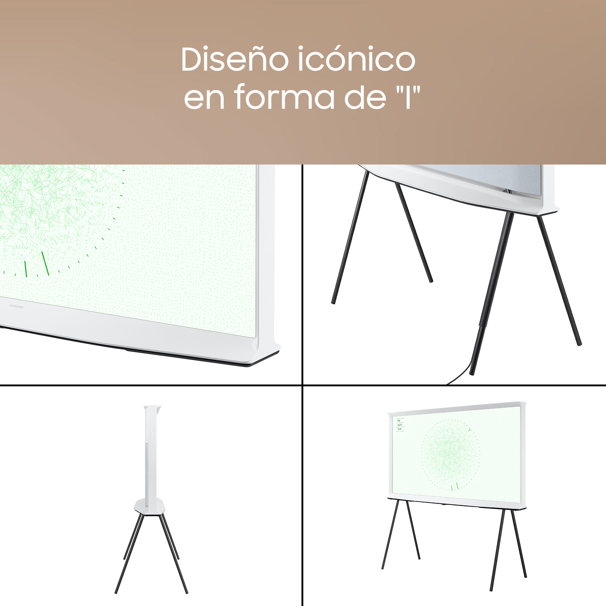 Múltiples imágenes de un televisor blanco con patas negras, el texto dice 'Diseño icónico en forma de I'.