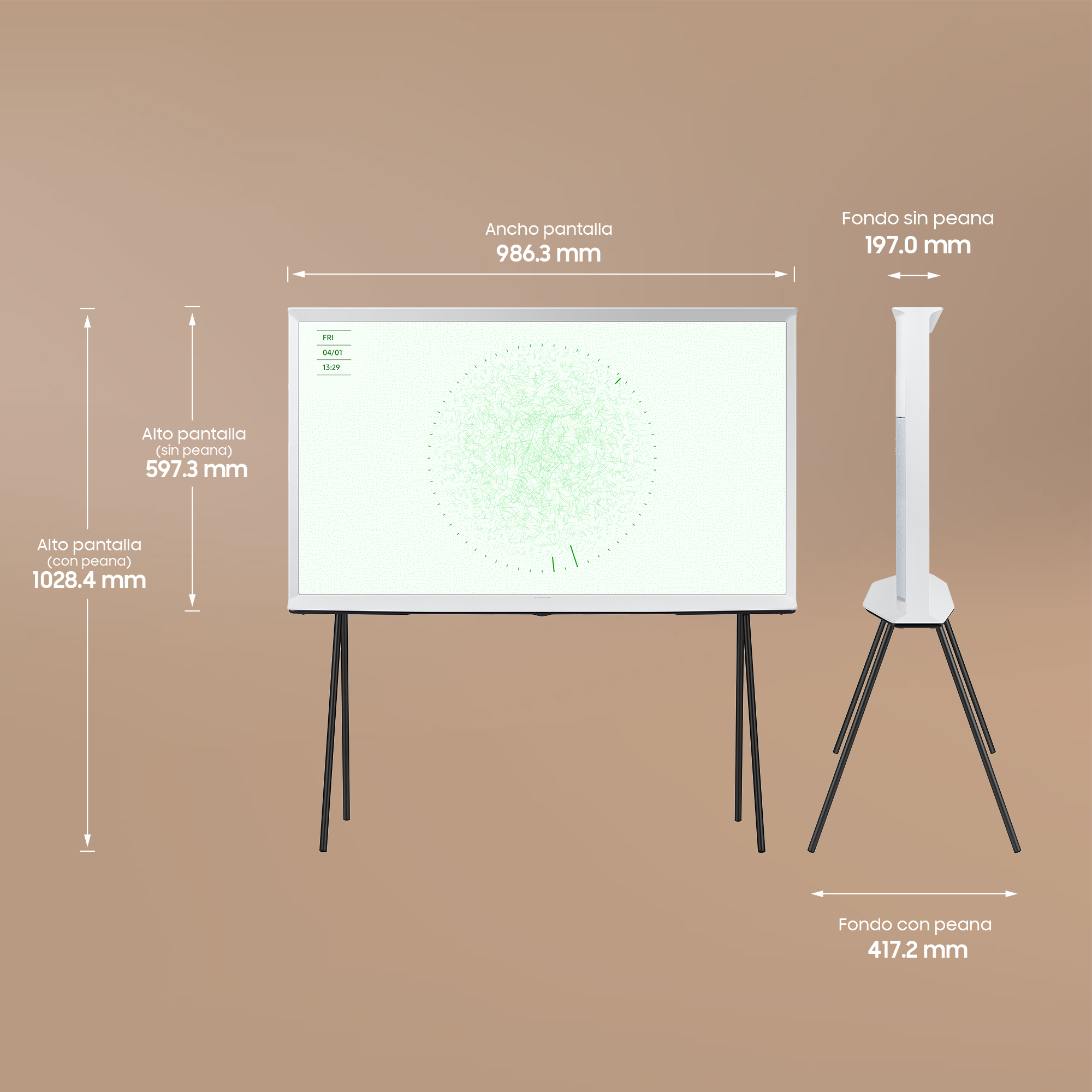 Un televisor blanco sobre un soporte, con medidas sobre fondo blanco.