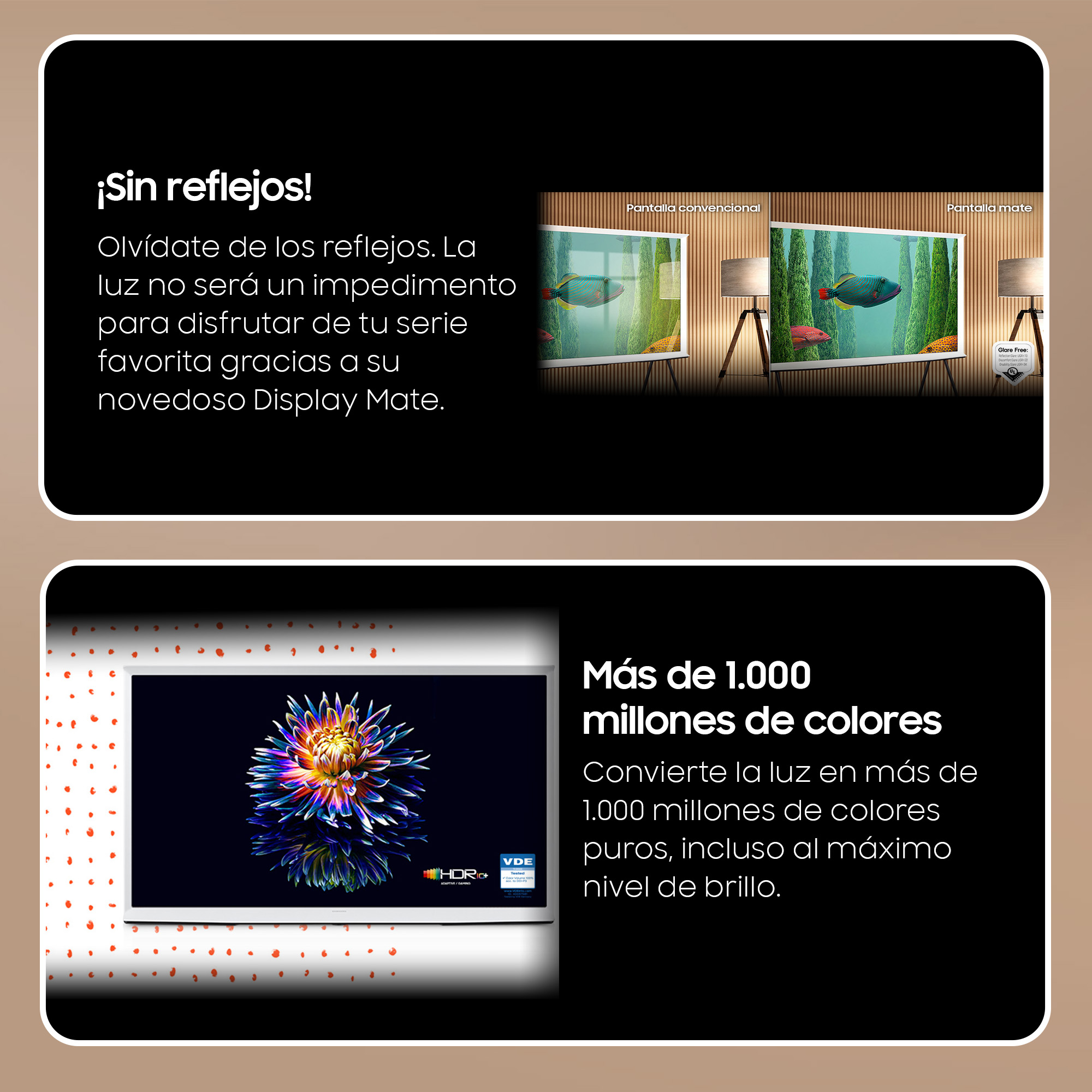 Dos imágenes sobre un fondo blanco, cada una con un televisor y texto en español.