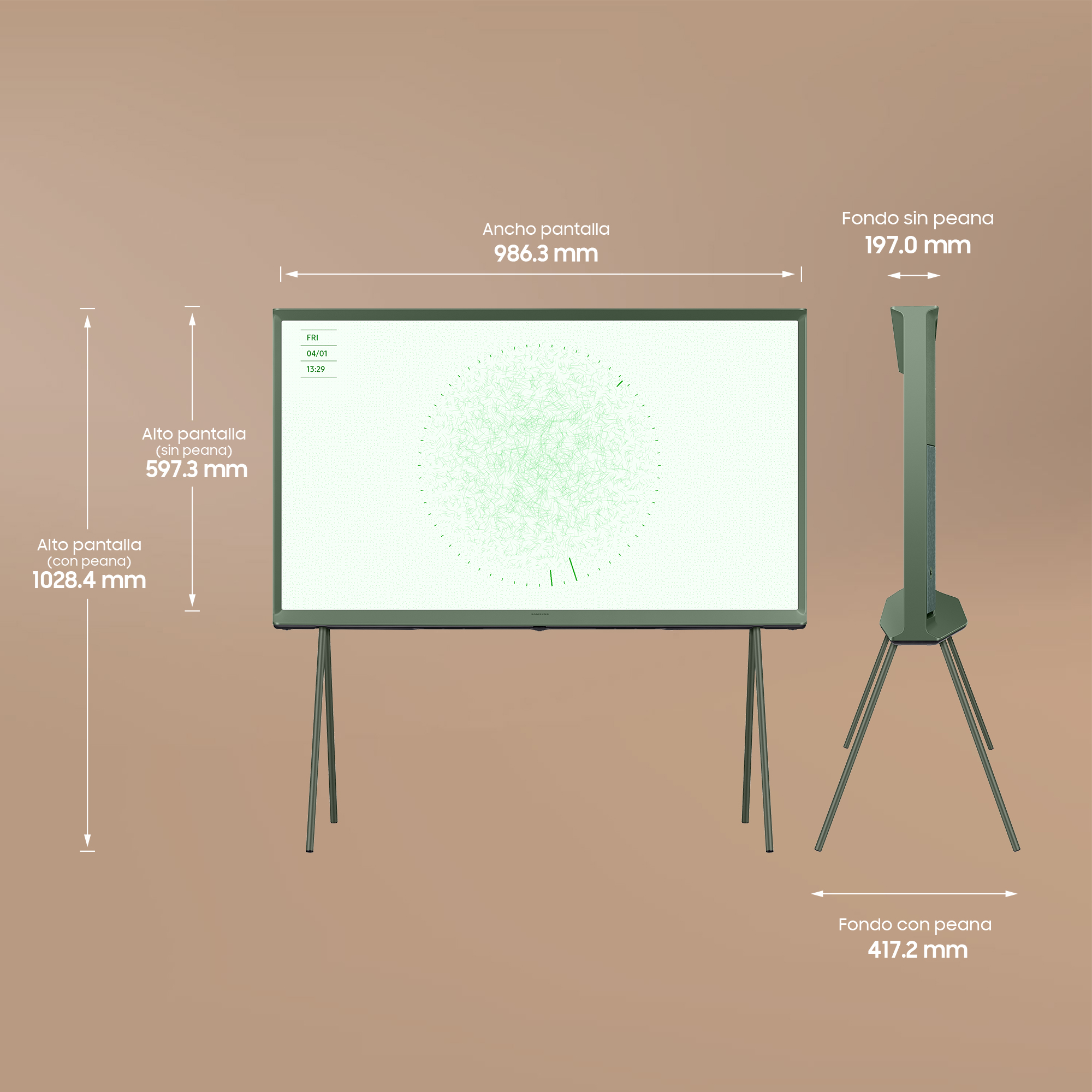 Un marco blanco grande con dimensiones, sobre un soporte verde, con una pantalla digital.